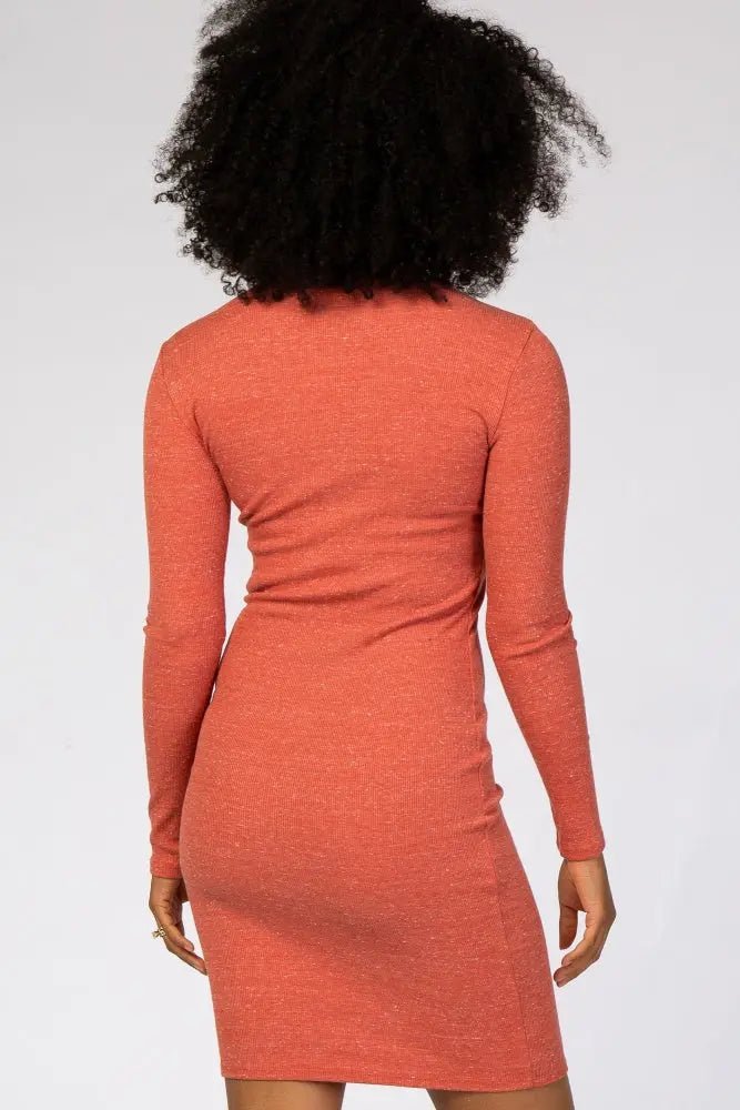 PinkBlush Rust Ribbed Mock Neck Fitted Dress - 
