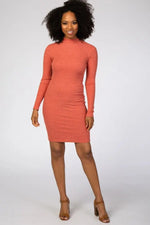 PinkBlush Rust Ribbed Mock Neck Fitted Maternity Dress - 