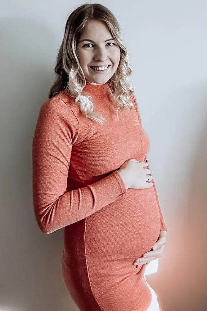 PinkBlush Rust Ribbed Mock Neck Fitted Maternity Dress - 