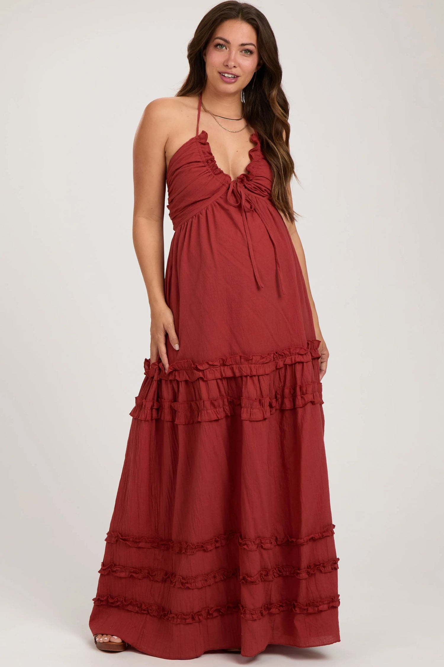 Rust Ruffle Ruched Deep V-Neck Maternity Maxi Dress - Dress, Gown, Day Dress, Formal wear, One-piece garment | Everetts Place