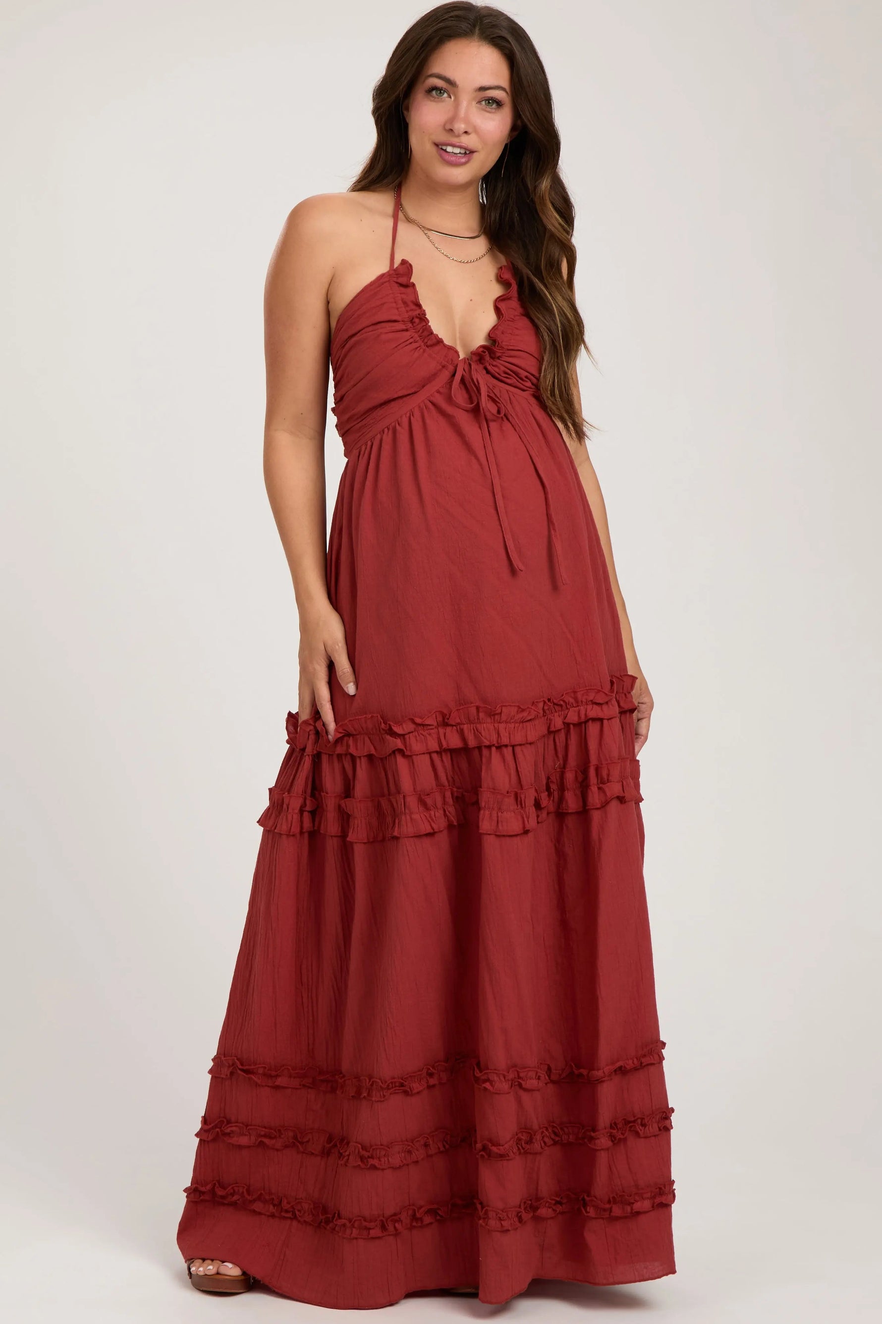 Rust Ruffle Ruched Deep V-Neck Maternity Maxi Dress - Dress, Gown, Day Dress, Formal wear, One-piece garment | Everetts Place