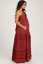 PinkBlush Rust Ruffle Ruched Deep V - Neck Maternity Maxi Dress - 