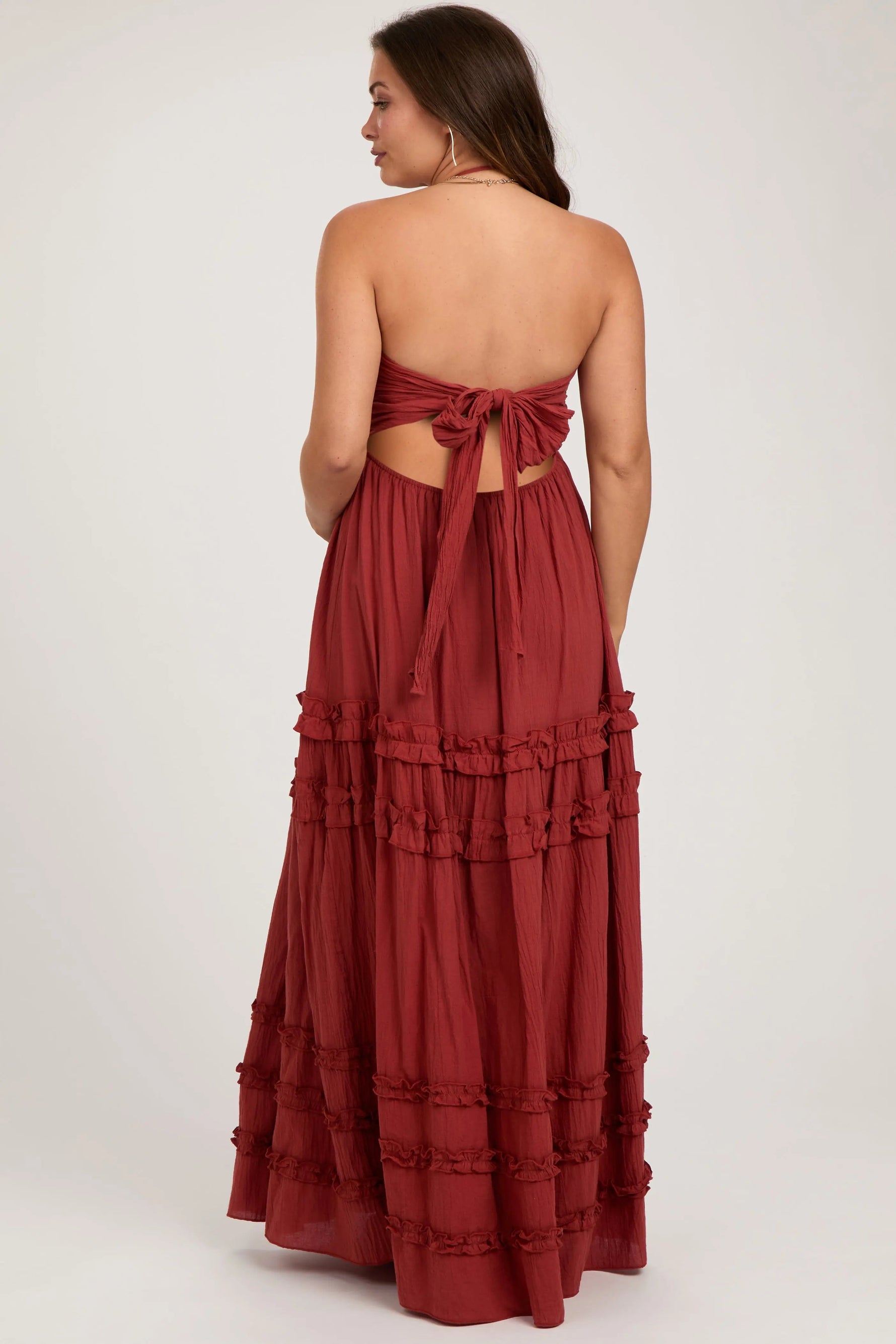 PinkBlush Rust Ruffle Ruched Deep V - Neck Maternity Maxi Dress - 