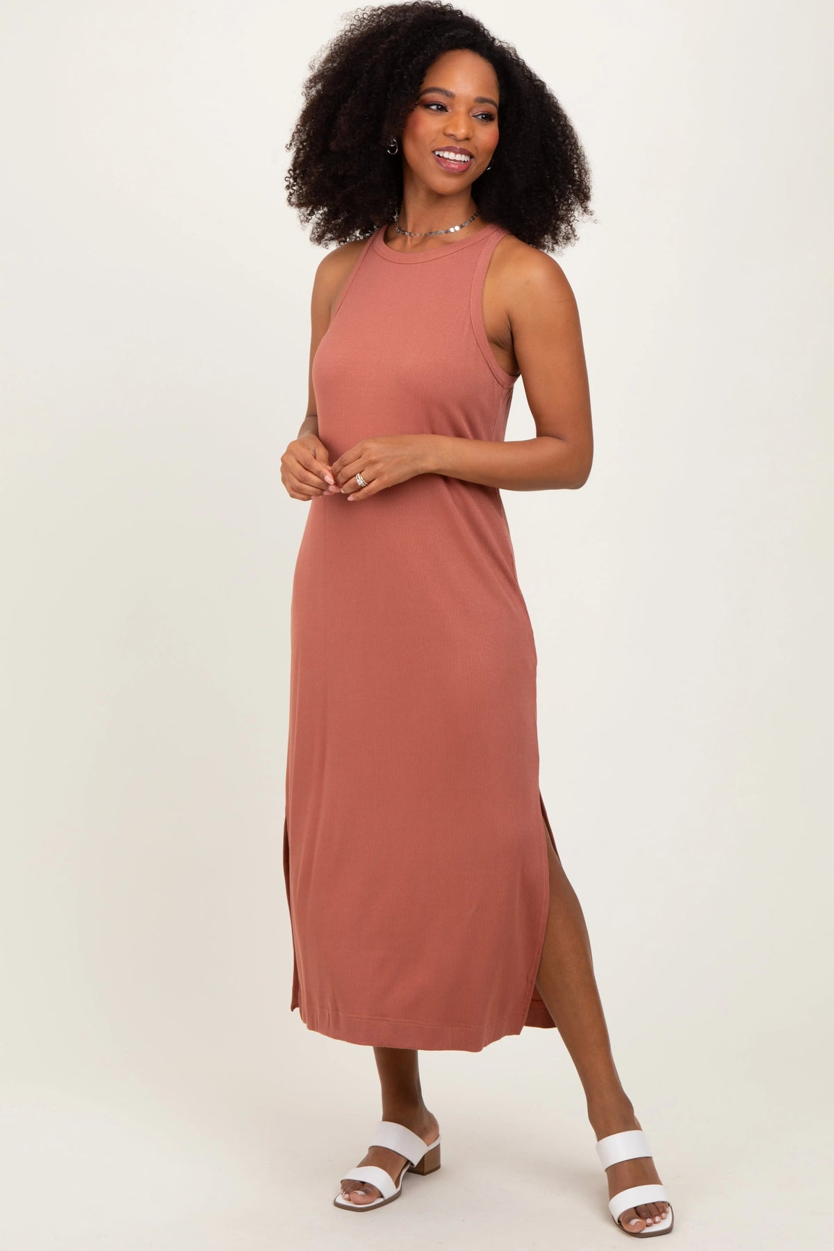 PinkBlush Rust Sleeveless Side Slit Maternity Midi Dress - 