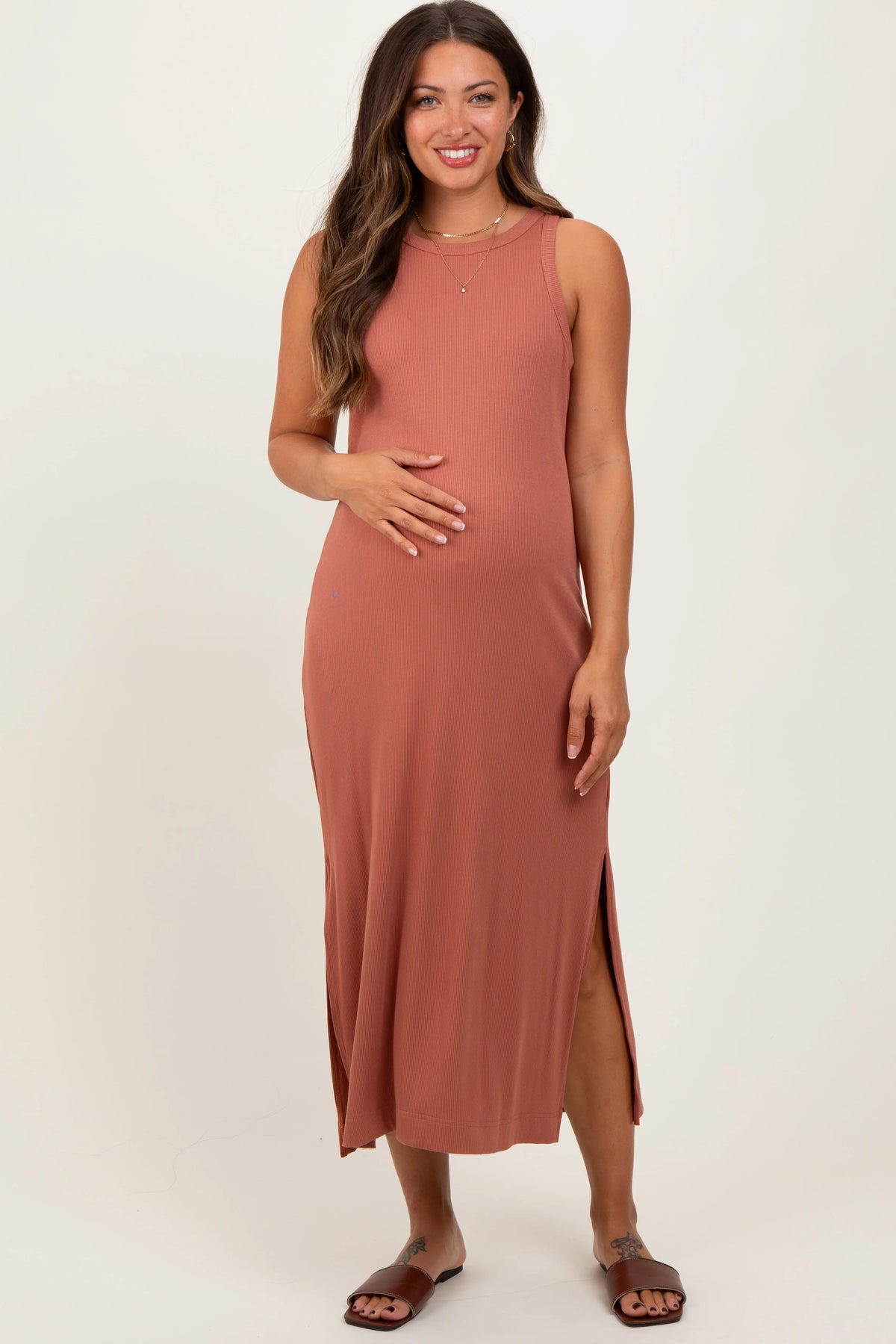 PinkBlush Rust Sleeveless Side Slit Maternity Midi Dress - 