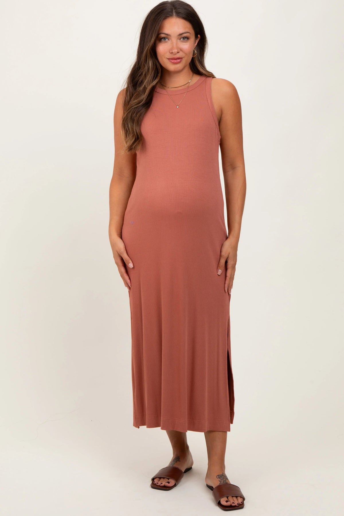 PinkBlush Rust Sleeveless Side Slit Maternity Midi Dress - 