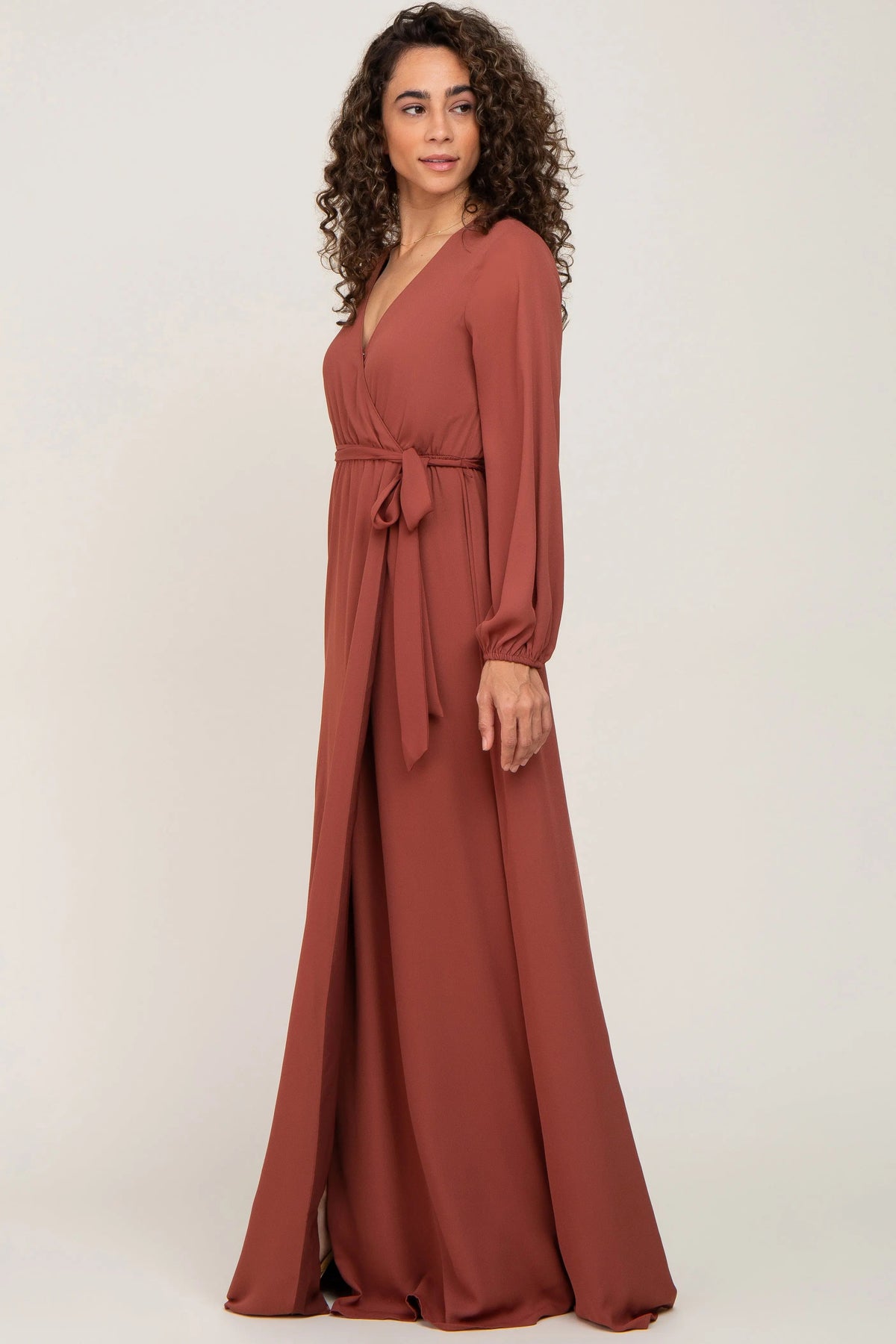 PinkBlush Rust Wrap Front Chiffon Gown - 