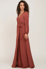 PinkBlush Rust Wrap Front Chiffon Gown - 