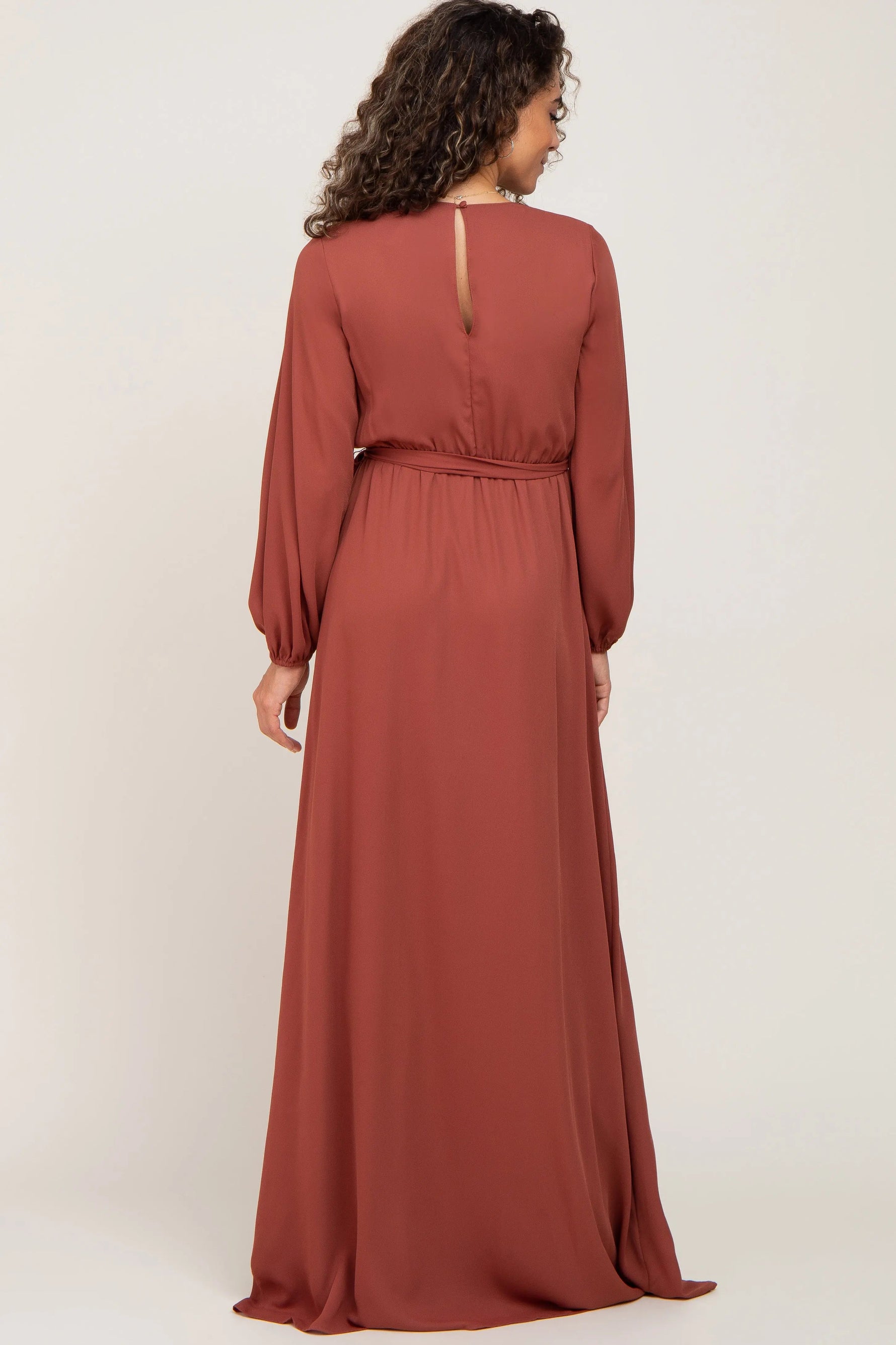 PinkBlush Rust Wrap Front Chiffon Gown - 