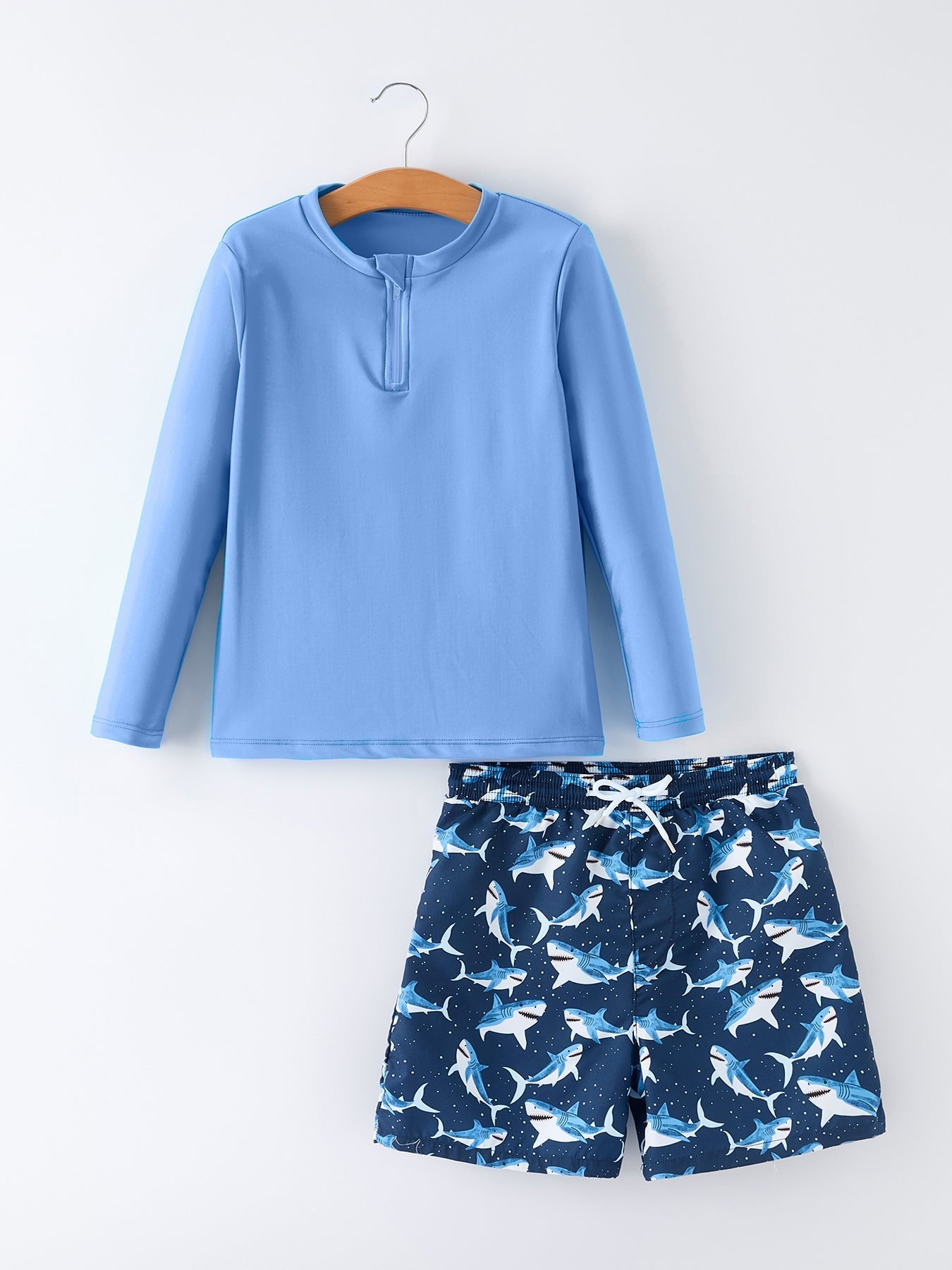Rylee Faith Designs Rylee Faith Boys Two Piece Swimsuit Long Sleeve Rash Guard Shark Print