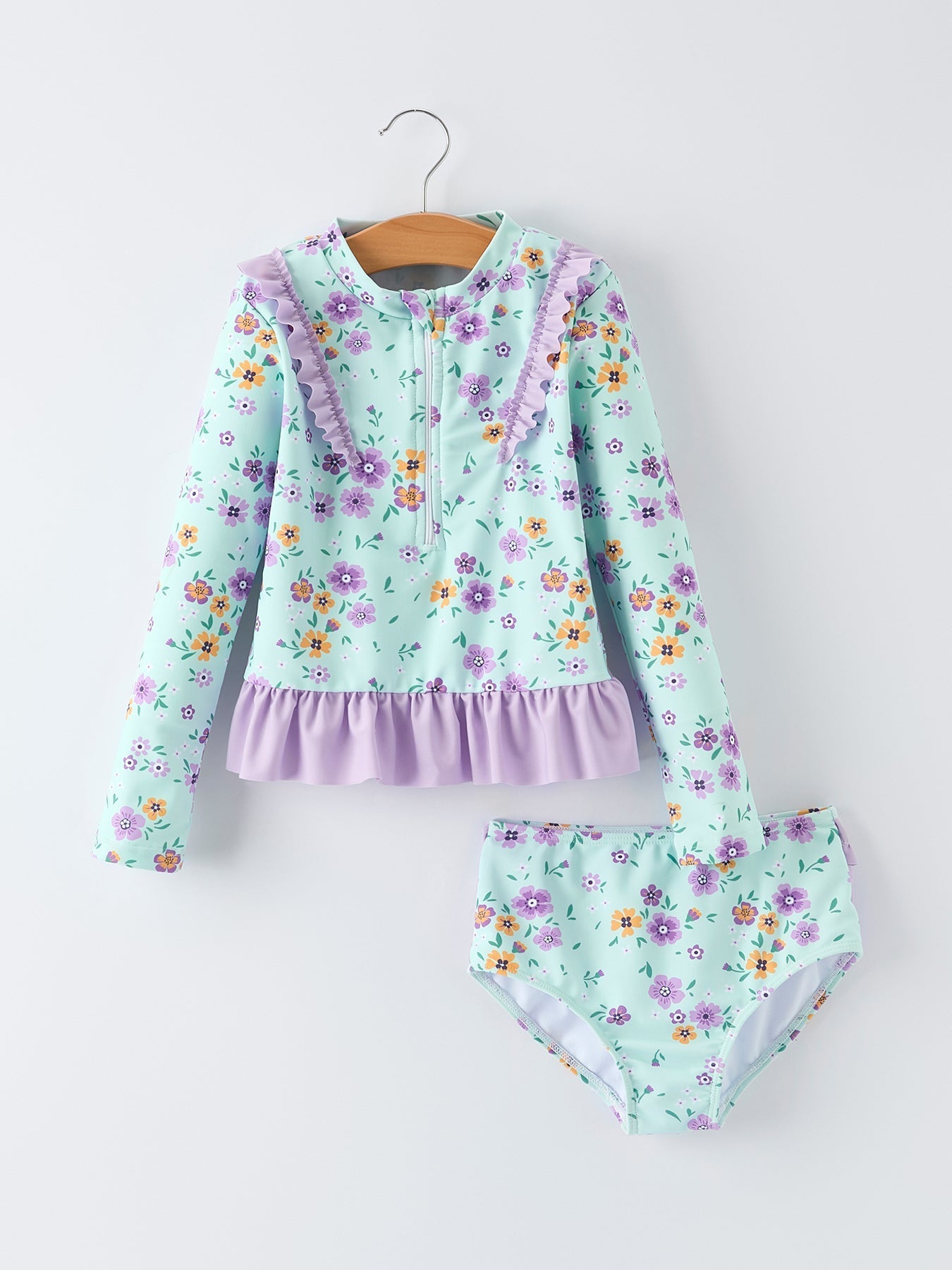 Rylee Faith Designs Rylee Faith Designs Swimwear Set With Mint Floral Long Sleeve For Active Girls