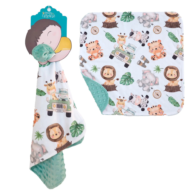 Mini Minky Safari toddler blanket with safari animals, soft Minky fabric, and dotted backside for sensory stimulation.