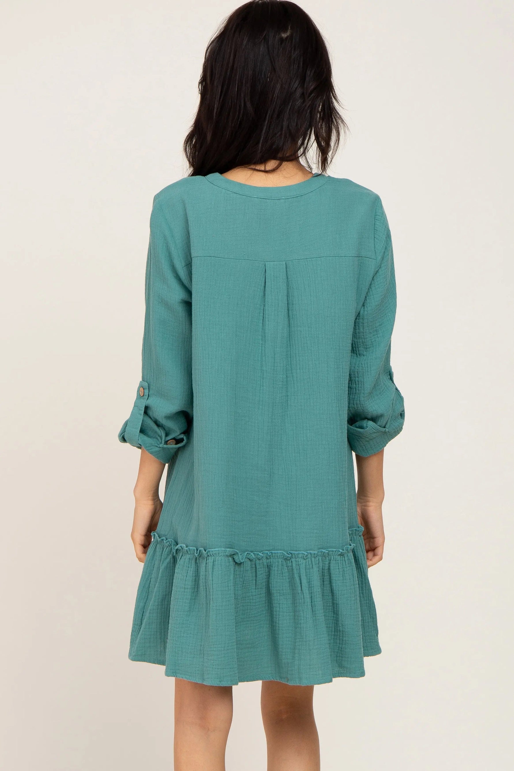 PinkBlush Sage Button Down Long Sleeve Ruffle Hem Dress - 