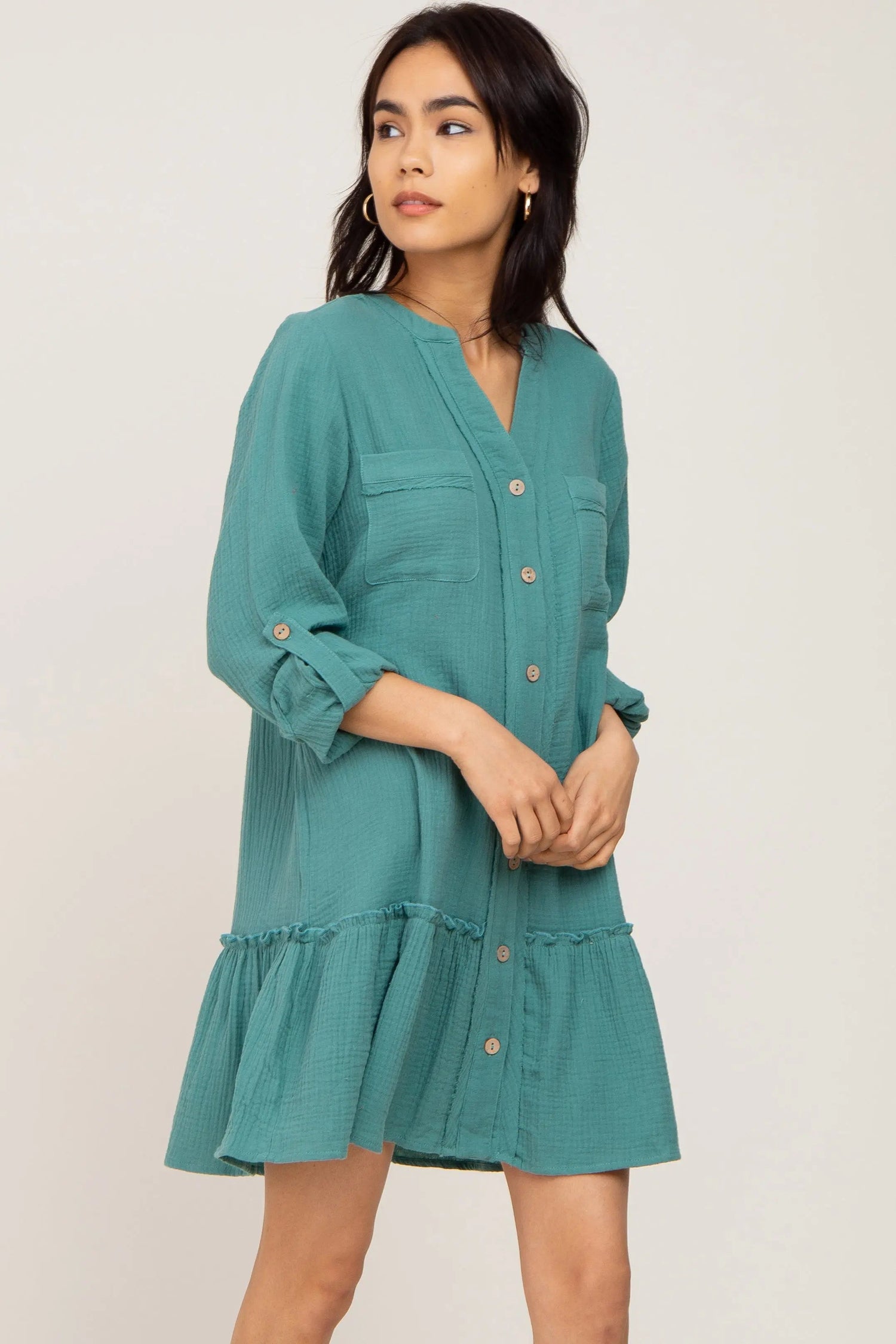 PinkBlush Sage Button Down Long Sleeve Ruffle Hem Dress - 