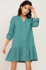 PinkBlush Sage Button Down Long Sleeve Ruffle Hem Dress - 