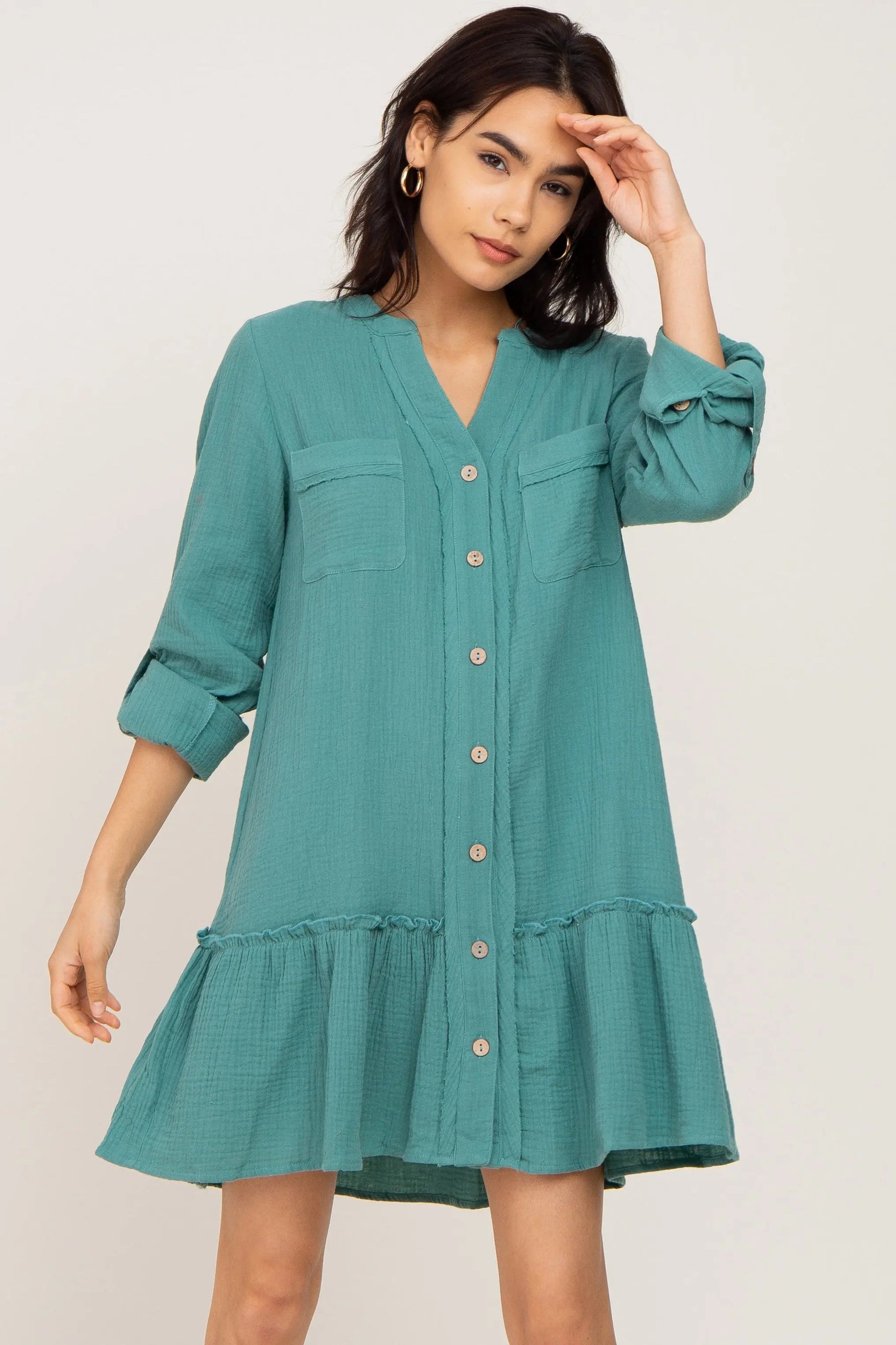 PinkBlush Sage Button Down Long Sleeve Ruffle Hem Dress - 