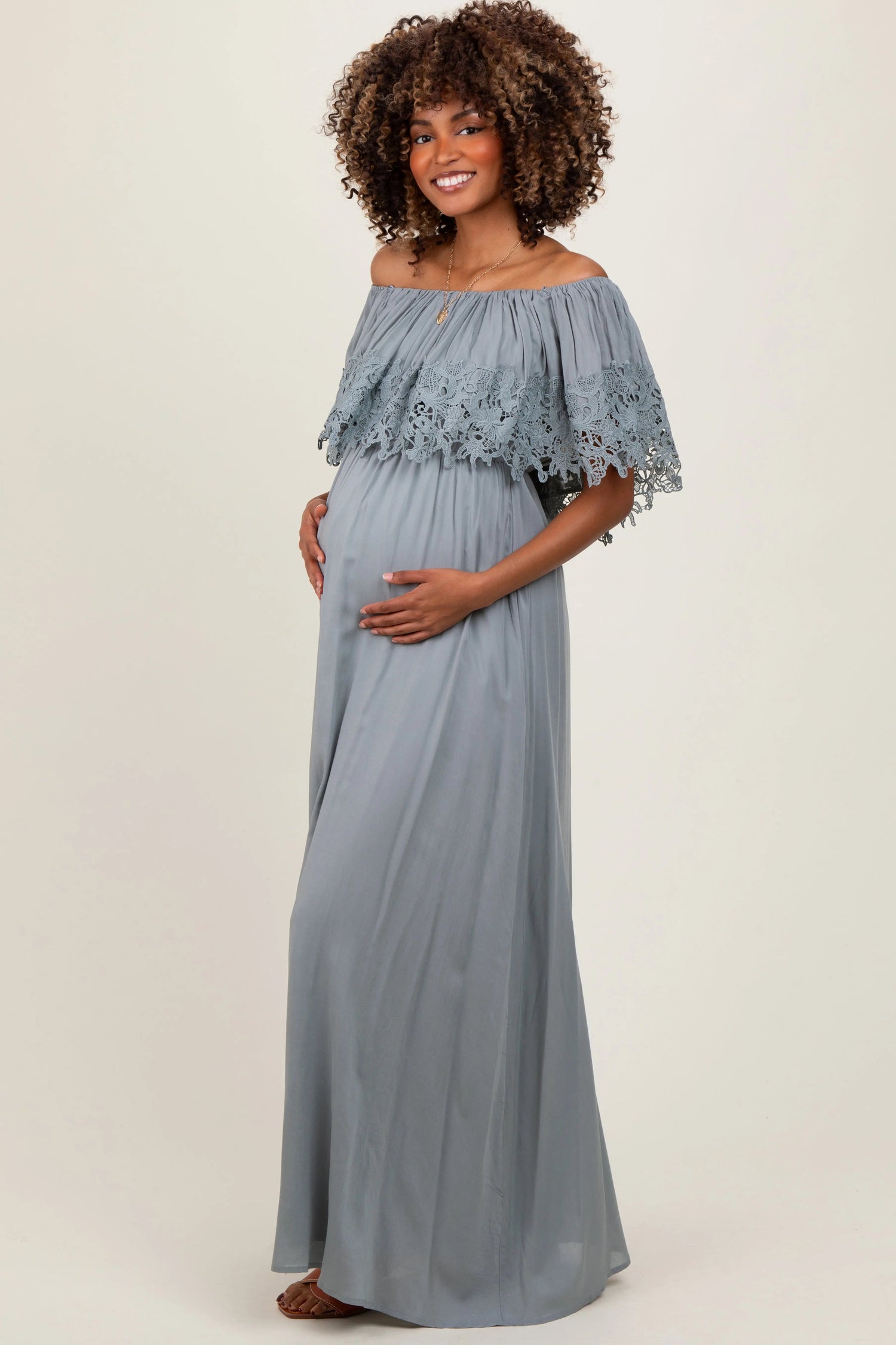 PinkBlush Sage Lace Off Shoulder Maternity Maxi Dress - 