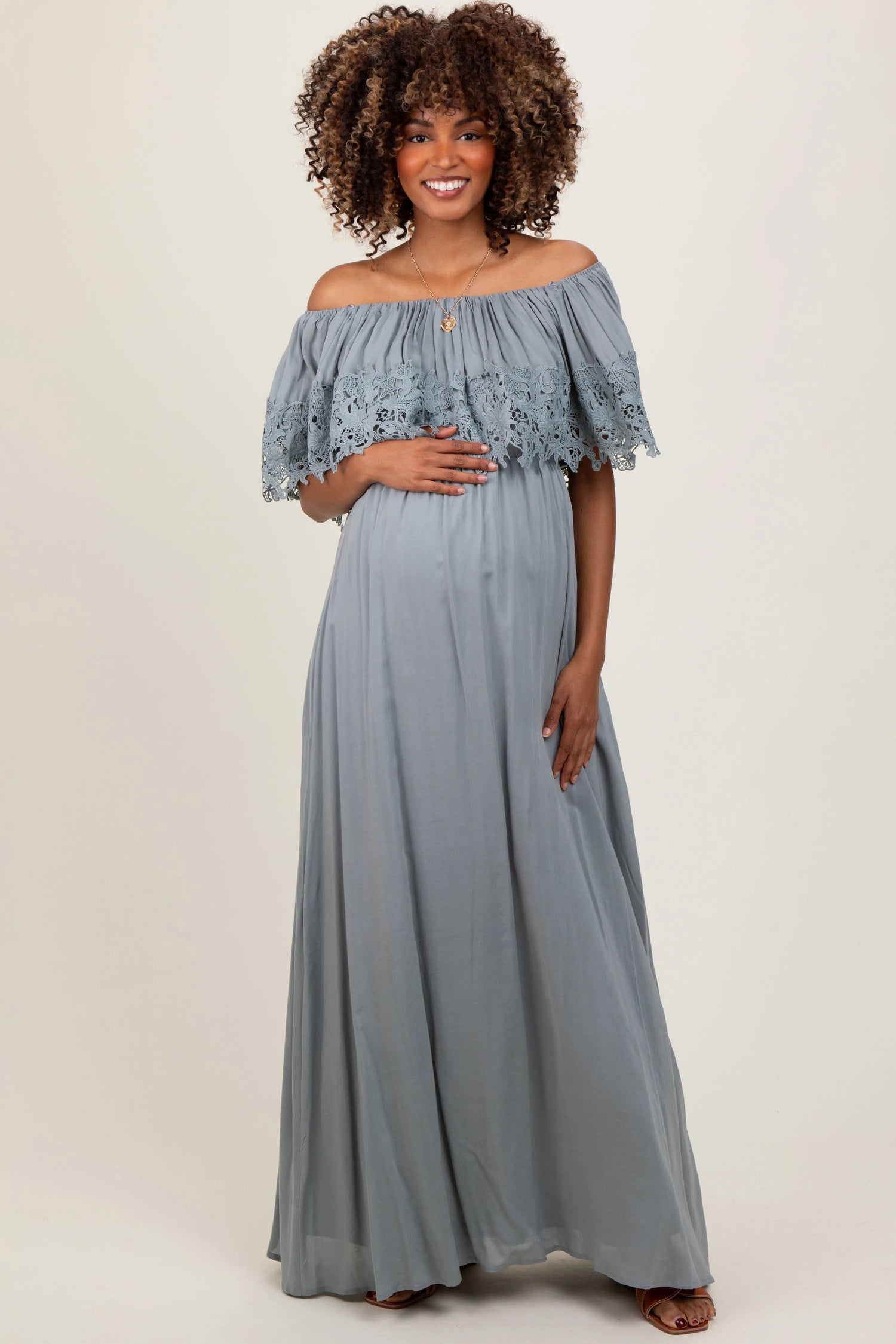 Sage Lace Off Shoulder Maternity Maxi Dress - Shoulder, Dress, Formal wear, Gown, Fashion | Everetts Place