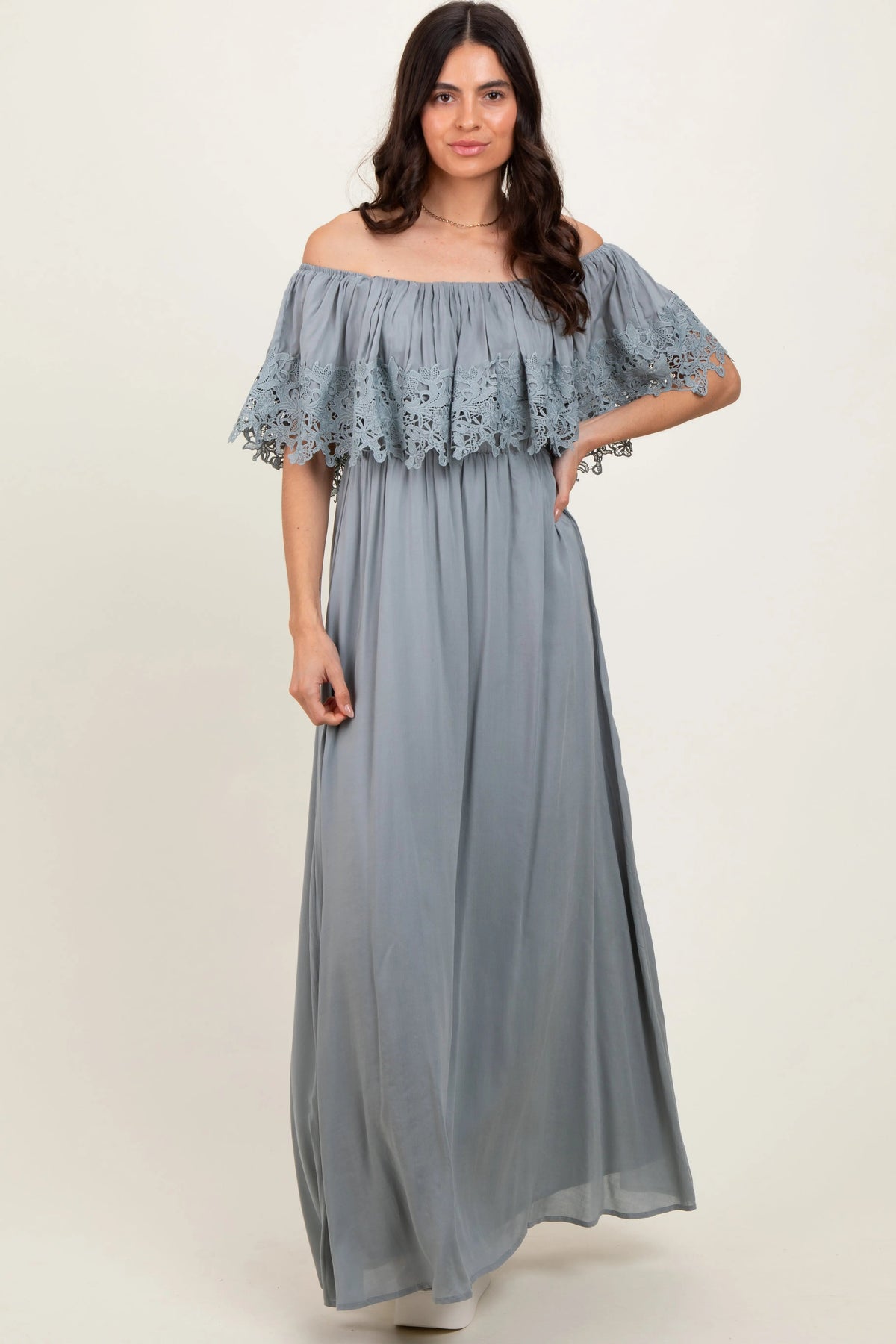 PinkBlush Sage Lace Off Shoulder Maxi Dress - 