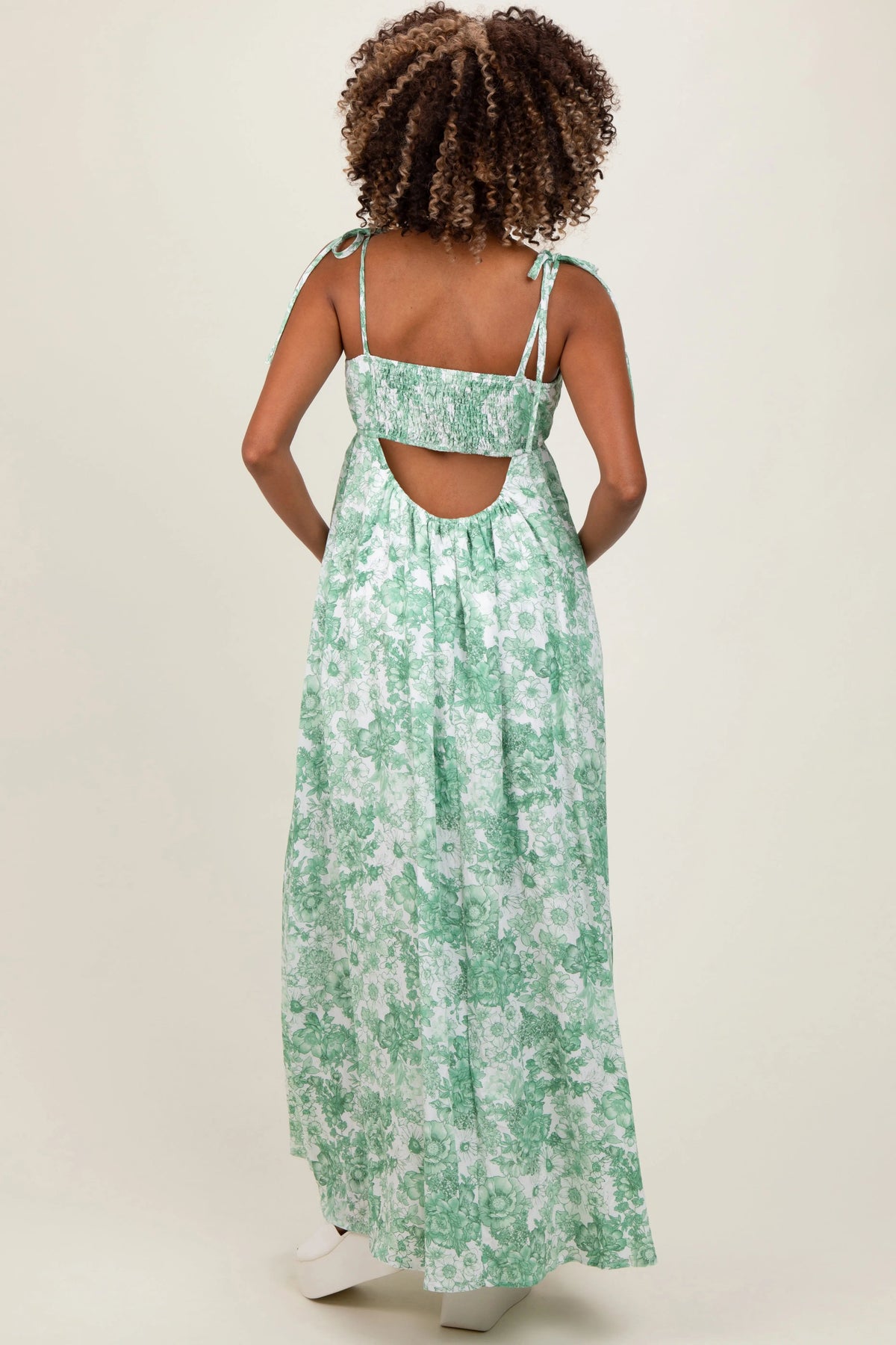 PinkBlush Sage Leaf Print Sleeveless Open Back Smocked Maternity Maxi Dress - 