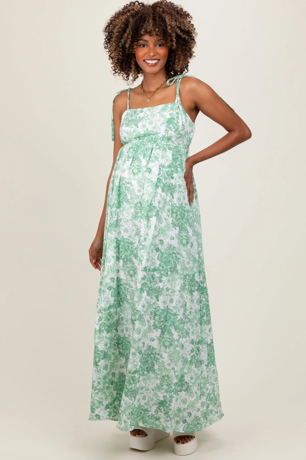 PinkBlush Sage Leaf Print Sleeveless Open Back Smocked Maternity Maxi Dress - 