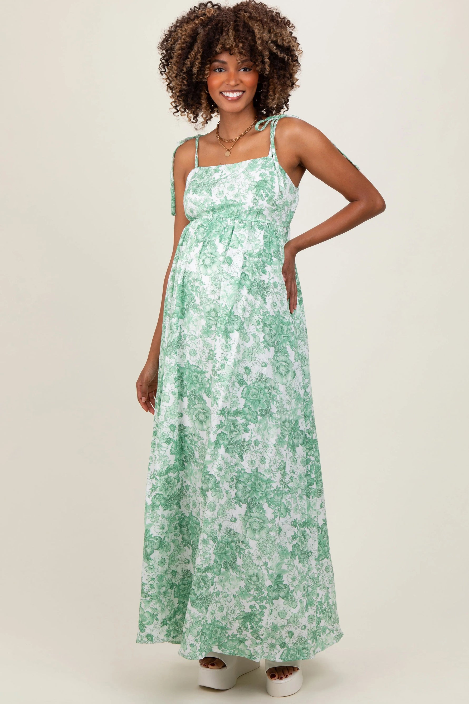 PinkBlush Sage Leaf Print Sleeveless Open Back Smocked Maternity Maxi Dress - 