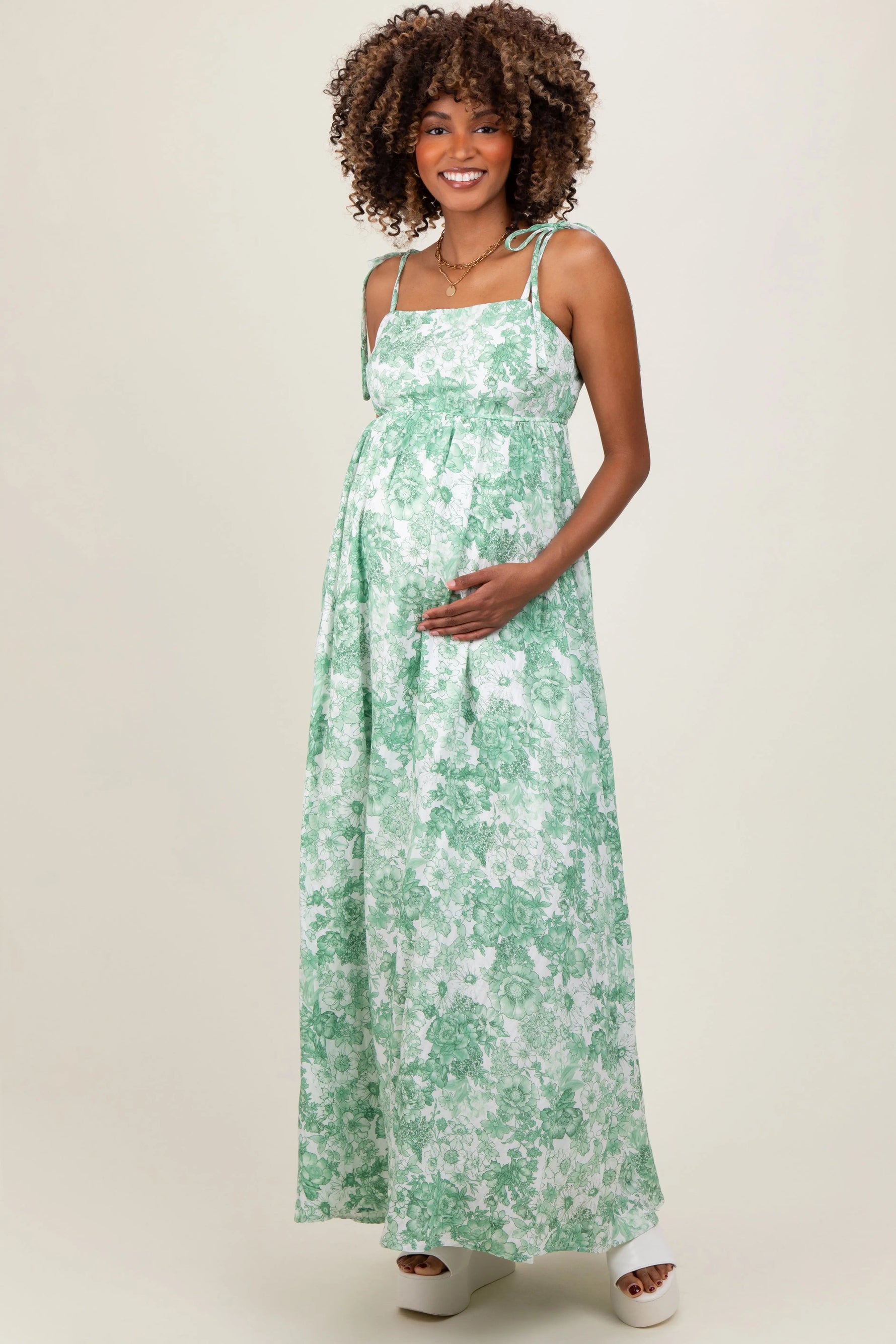 PinkBlush Sage Leaf Print Sleeveless Open Back Smocked Maternity Maxi Dress - 