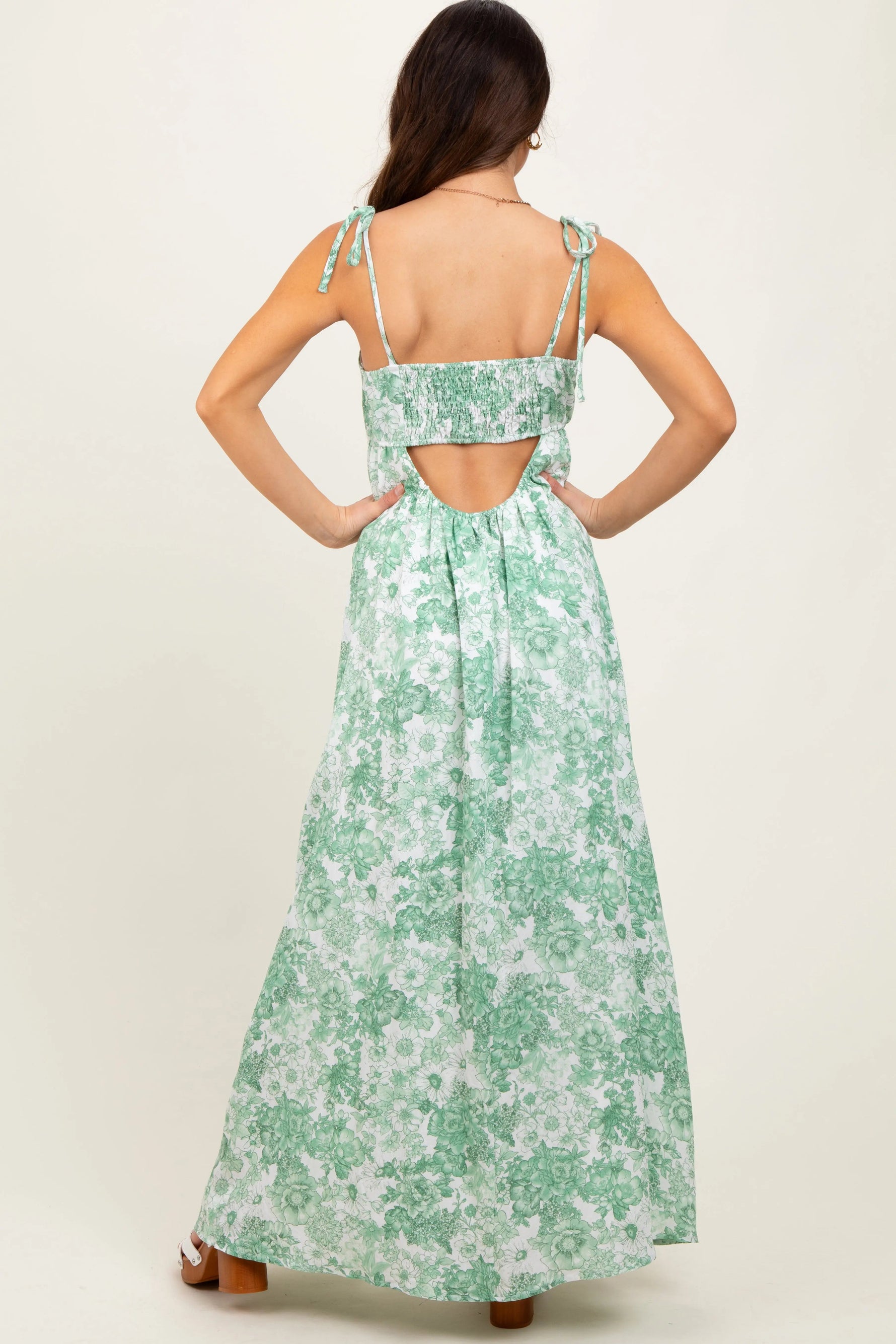 PinkBlush Sage Leaf Print Sleeveless Open Back Smocked Maxi Dress - 
