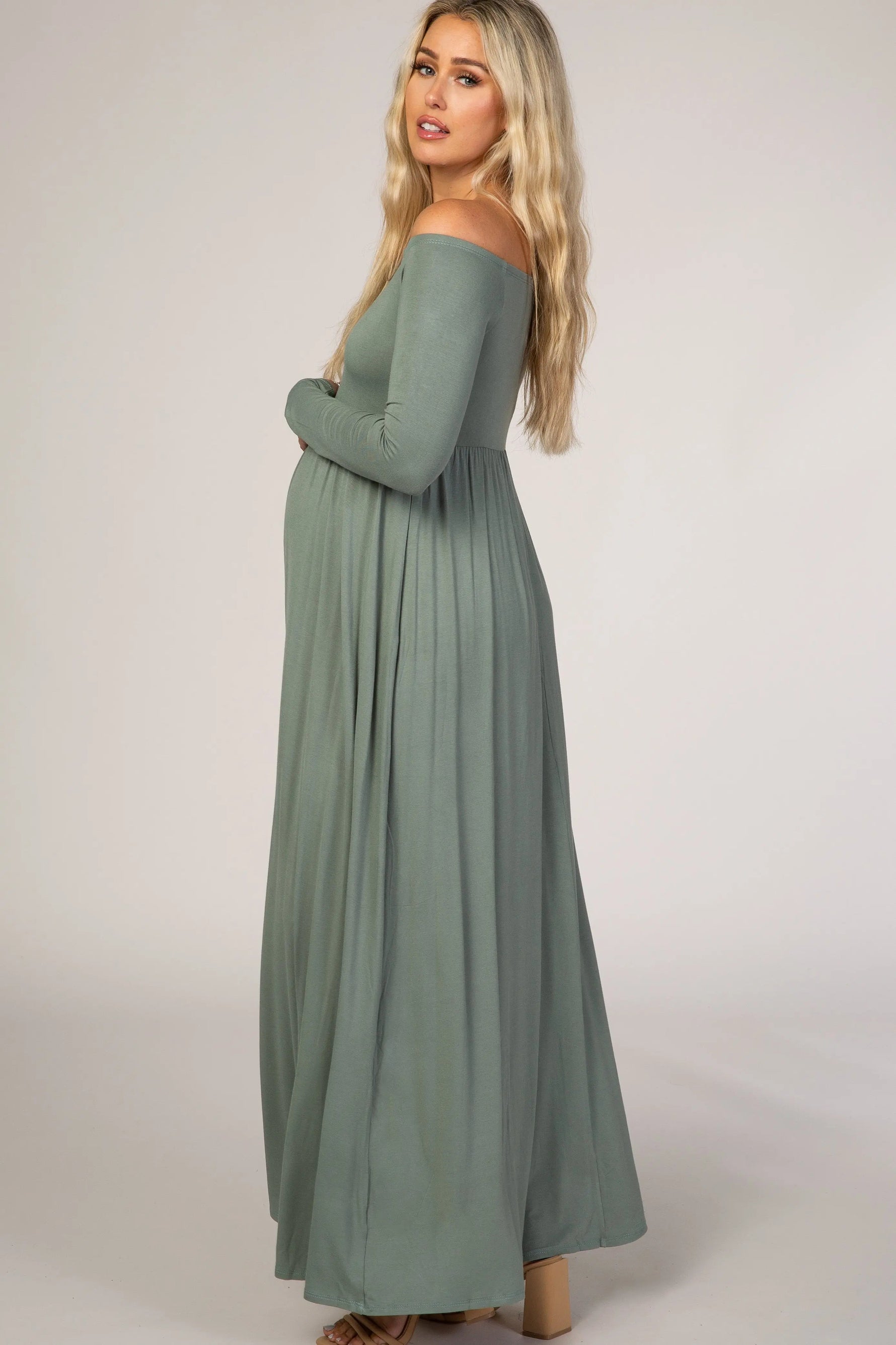 PinkBlush Sage Off Shoulder Long Sleeve Maternity Maxi Dress - 