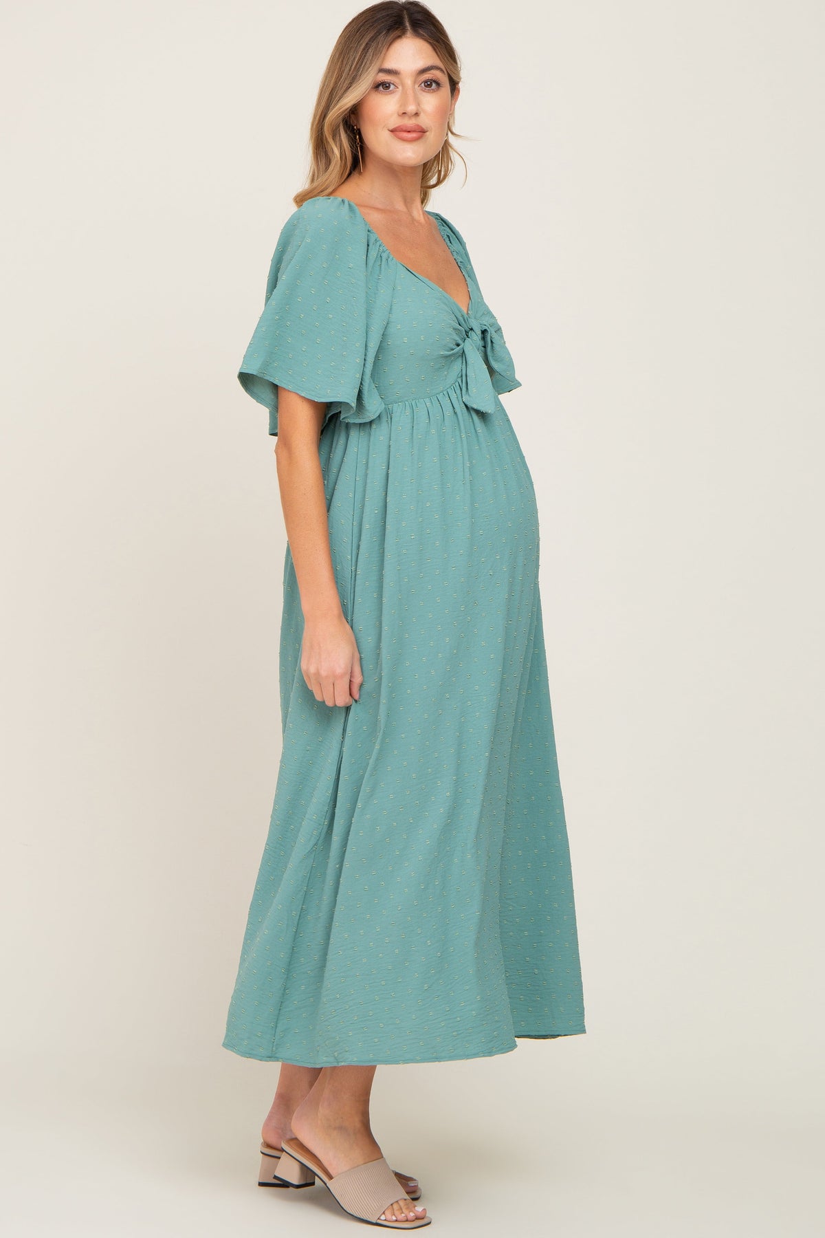 PinkBlush Sage Textured Dot Front Tie Ruffle Sleeve Maternity Midi DressEveretts Place