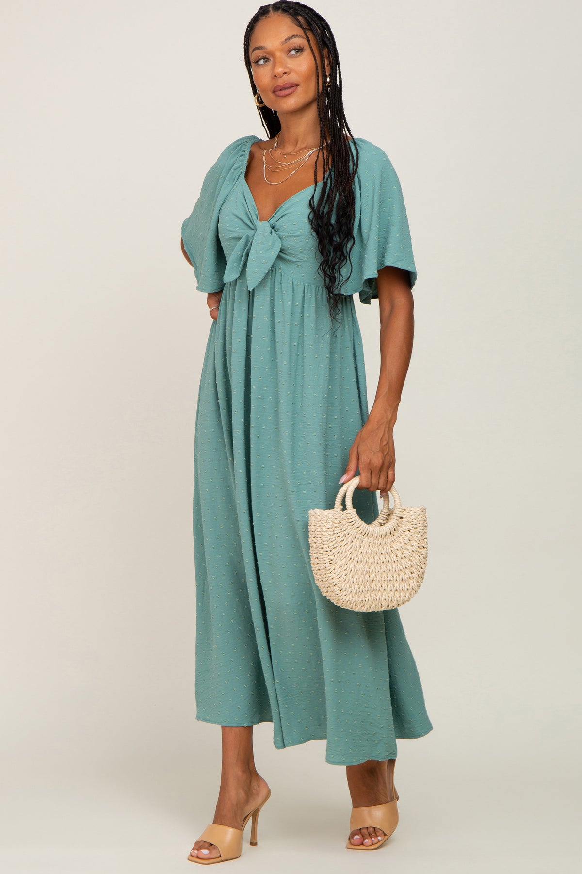 PinkBlush Sage Textured Dot Front Tie Ruffle Sleeve Maternity Midi DressEveretts Place