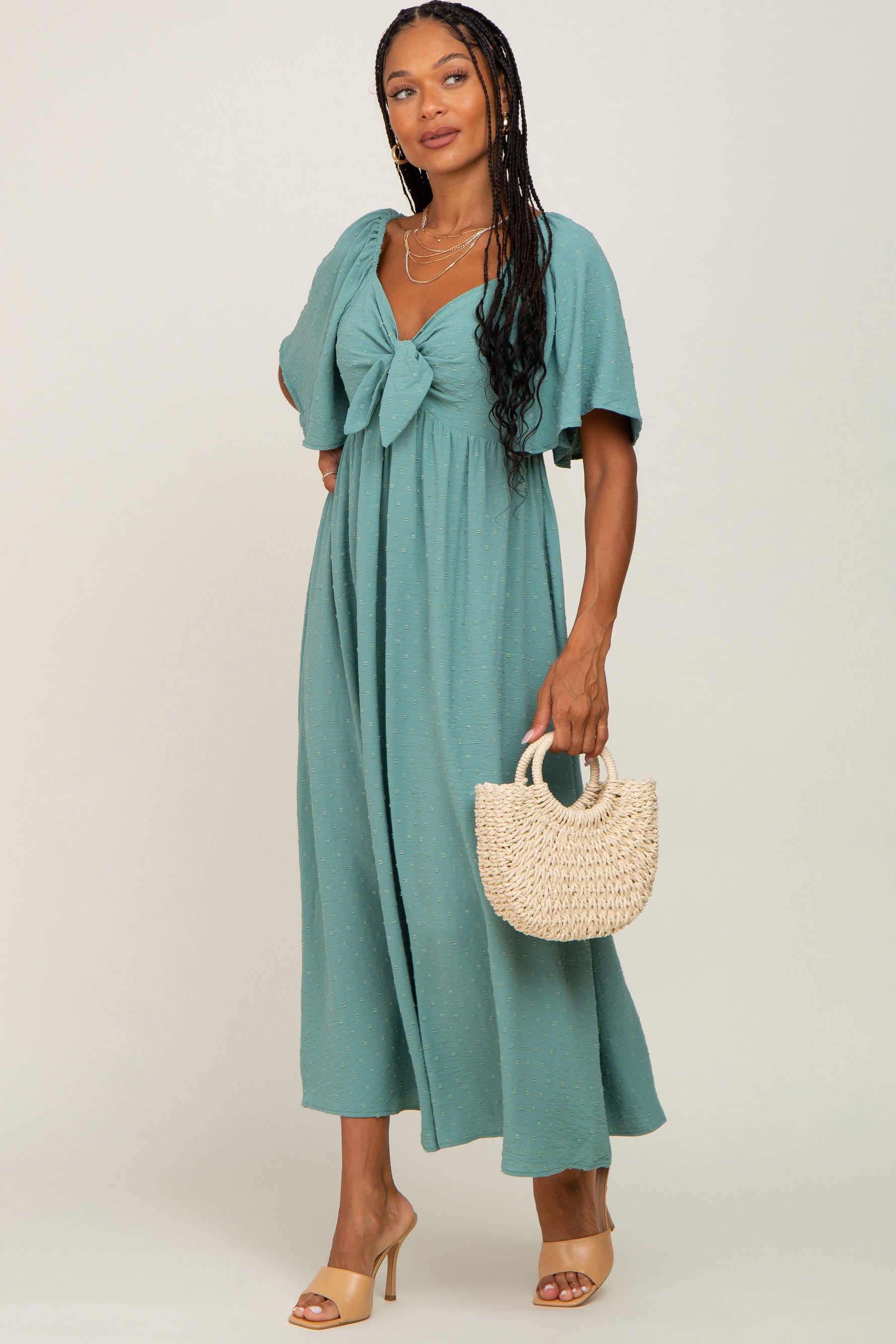 PinkBlush Sage Textured Dot Front Tie Ruffle Sleeve Maternity Midi DressEveretts Place