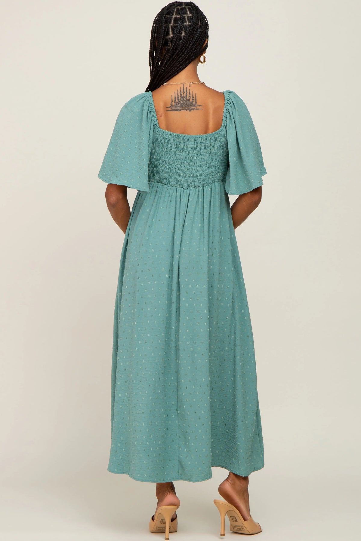 PinkBlush Sage Textured Dot Front Tie Ruffle Sleeve Midi Dress - 