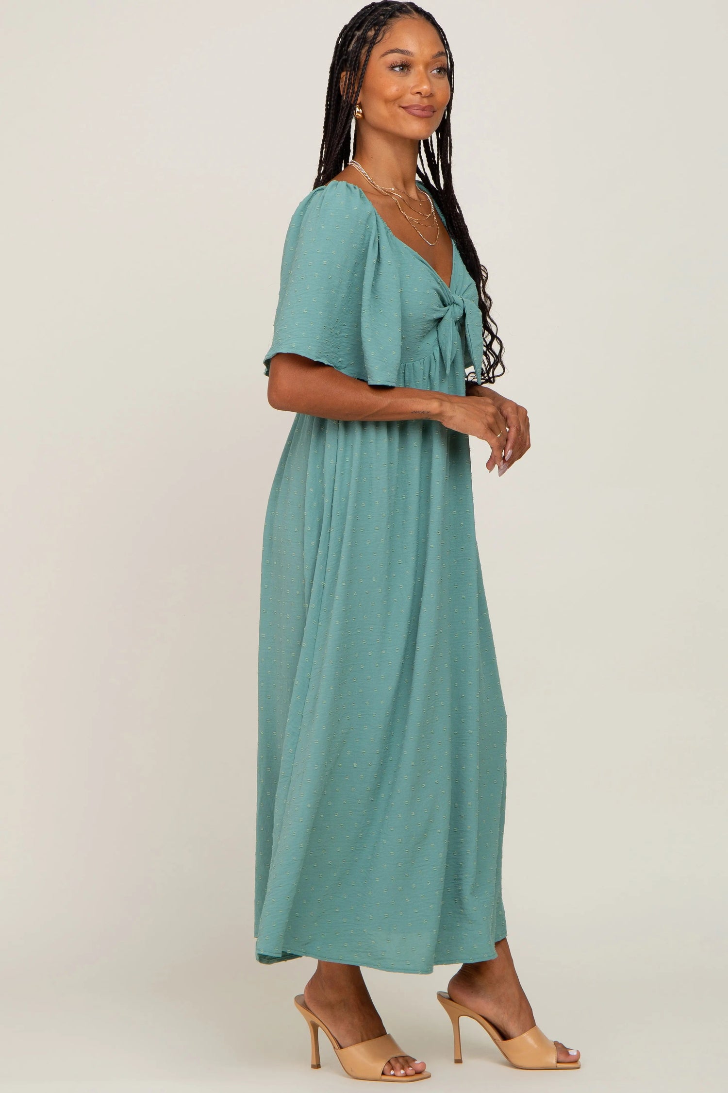 PinkBlush Sage Textured Dot Front Tie Ruffle Sleeve Midi Dress - 