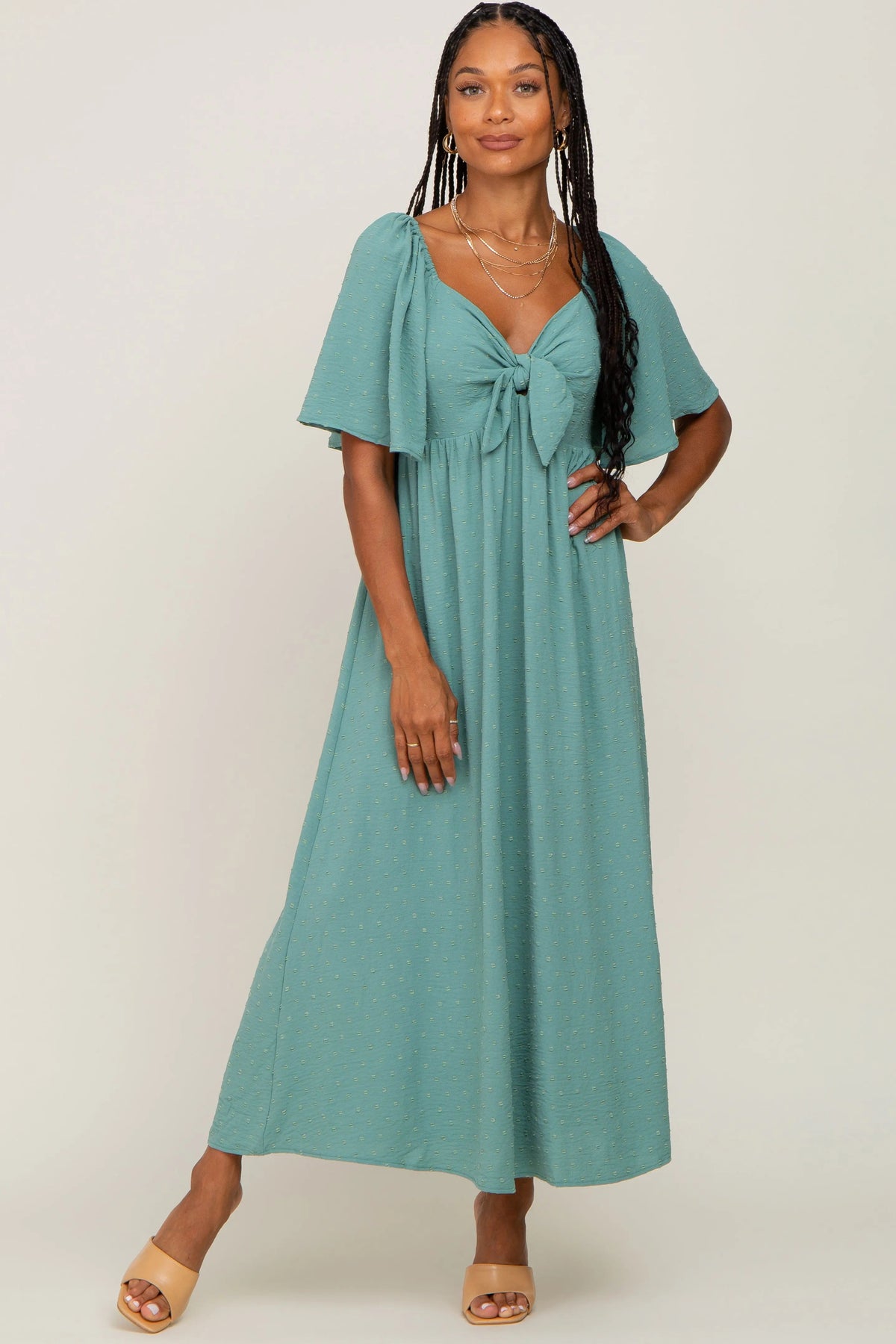 PinkBlush Sage Textured Dot Front Tie Ruffle Sleeve Midi Dress - 