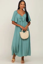 PinkBlush Sage Textured Dot Front Tie Ruffle Sleeve Midi Dress - 
