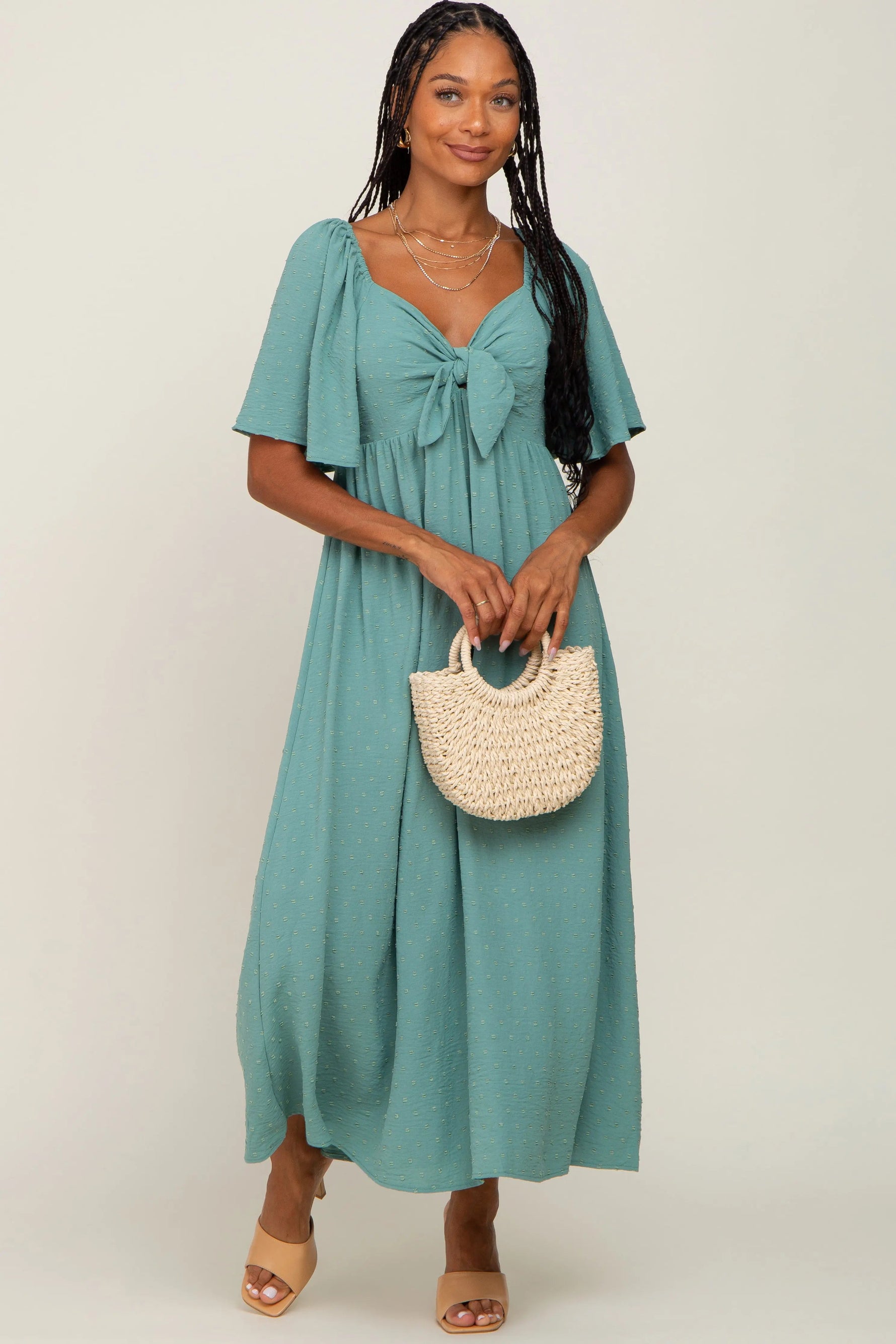 PinkBlush Sage Textured Dot Front Tie Ruffle Sleeve Midi Dress - 