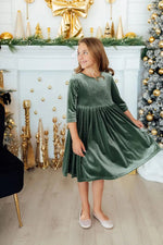 Mila & Rose ® Sage Velvet Twirl Dress For Girls Soft Velvet Full Skirt Party Dress - 