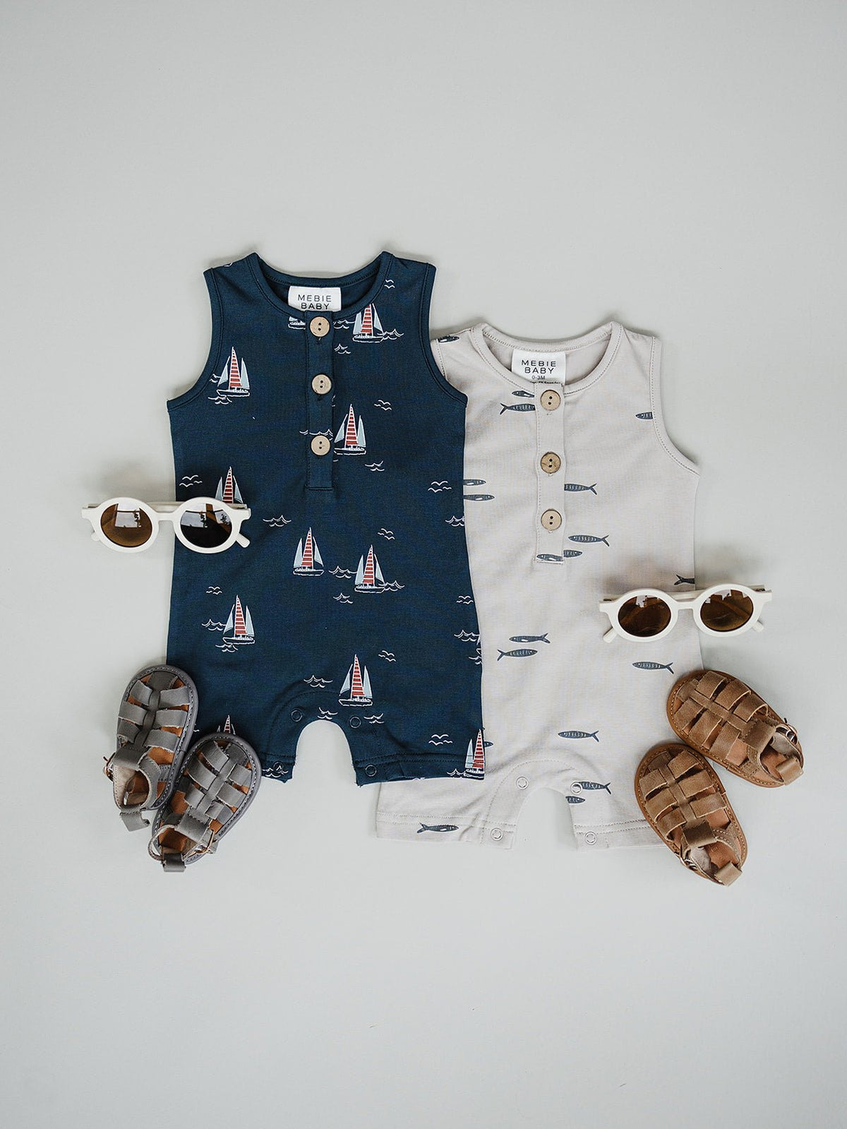 Mebie Baby Sailboat Print Romper For Toddlers Cotton Spandex Beach Daywear - 