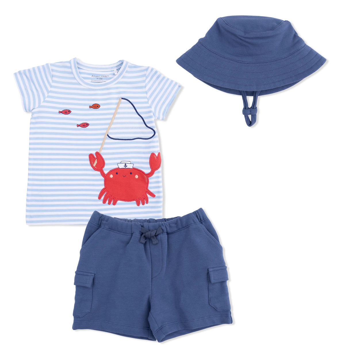 Angel Dear Sailor Sea Creatures Appliques - Crew Neck Tee with Cargo Short & Oceana Bucket Hat - 