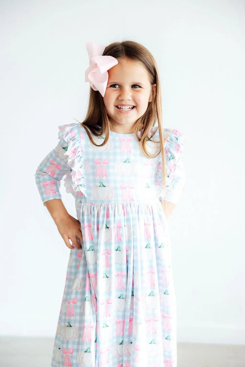 Mila & Rose ® SALE Pumpkin Picnic 3/4 Sleeve Ruffle Twirl Dress - 