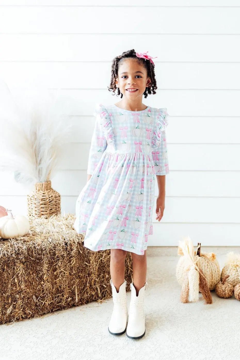 Mila & Rose ® SALE Pumpkin Picnic 3/4 Sleeve Ruffle Twirl Dress - 