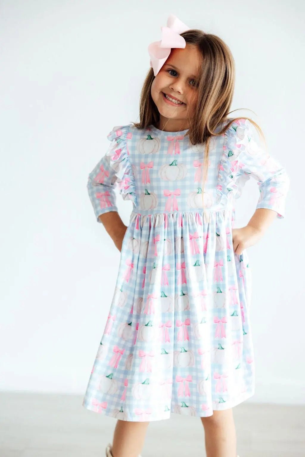 Mila & Rose ® SALE Pumpkin Picnic 3/4 Sleeve Ruffle Twirl Dress - 