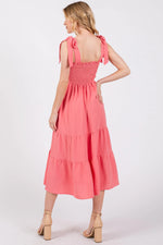 PinkBlush Salmon Smocked Tie Strap Tiered Midi Dress - 