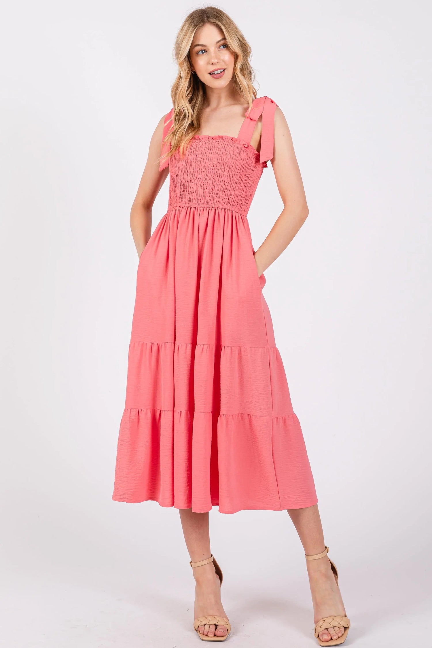 PinkBlush Salmon Smocked Tie Strap Tiered Midi Dress - 