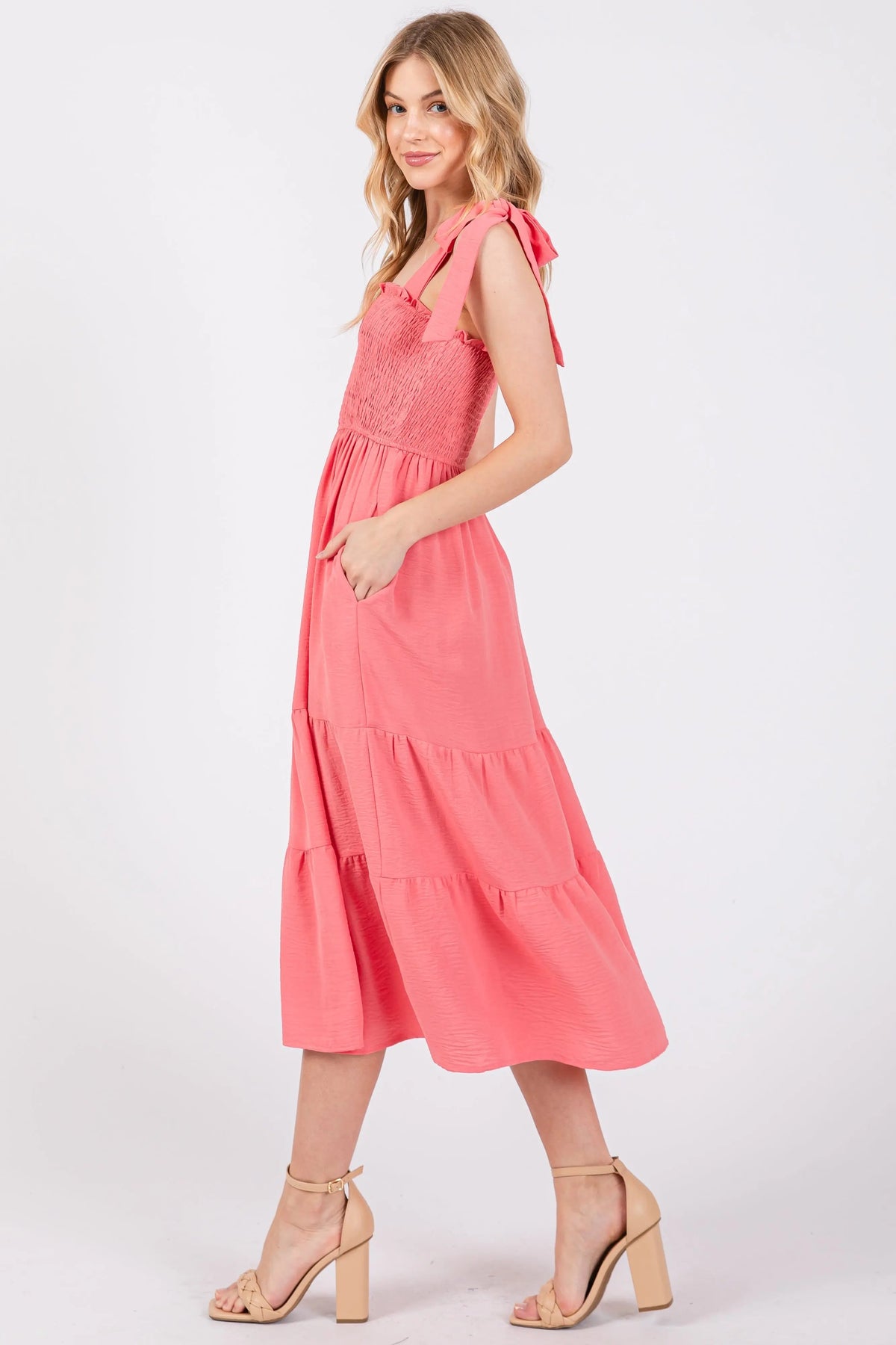 PinkBlush Salmon Smocked Tie Strap Tiered Midi Dress - 