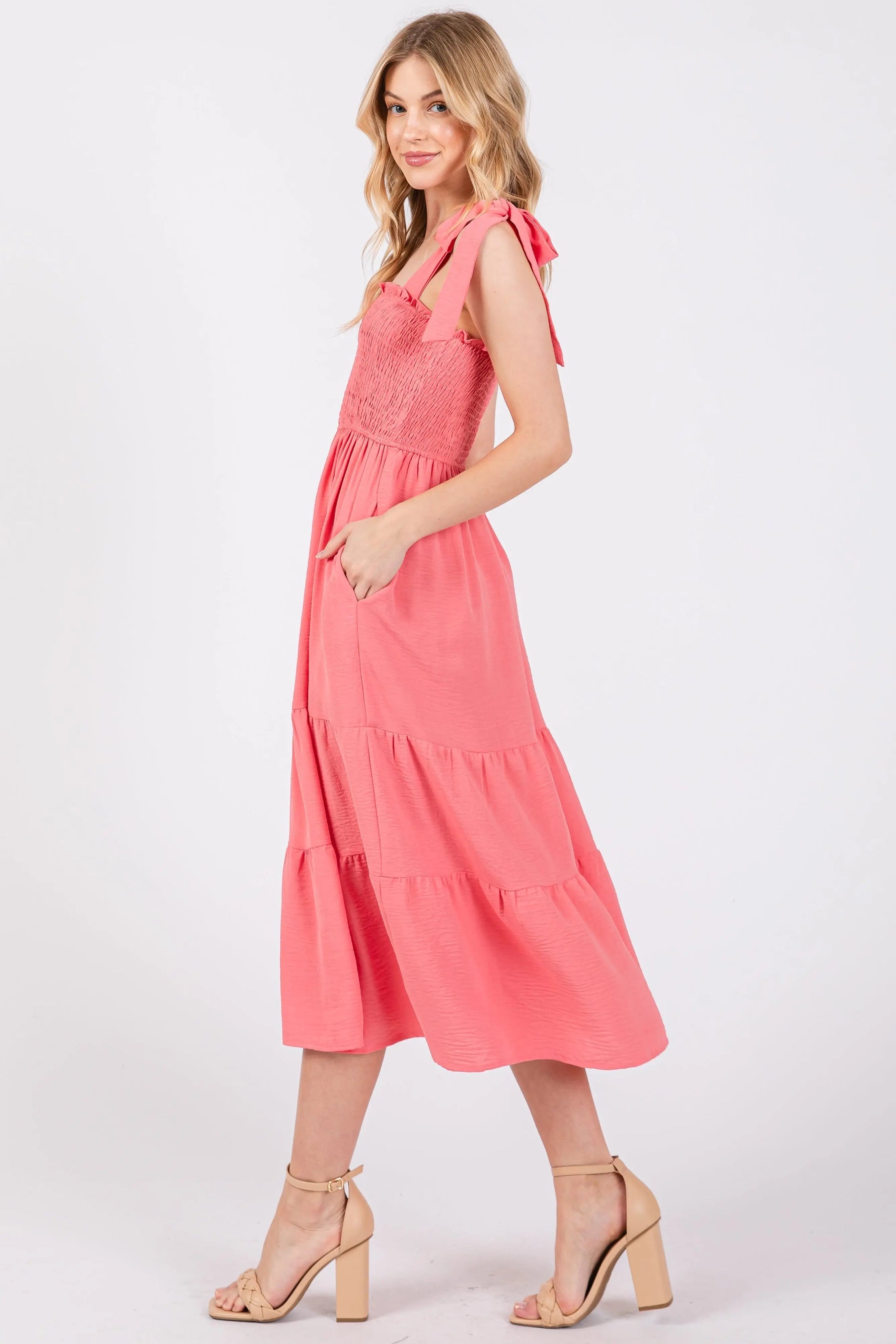 PinkBlush Salmon Smocked Tie Strap Tiered Midi Dress - 