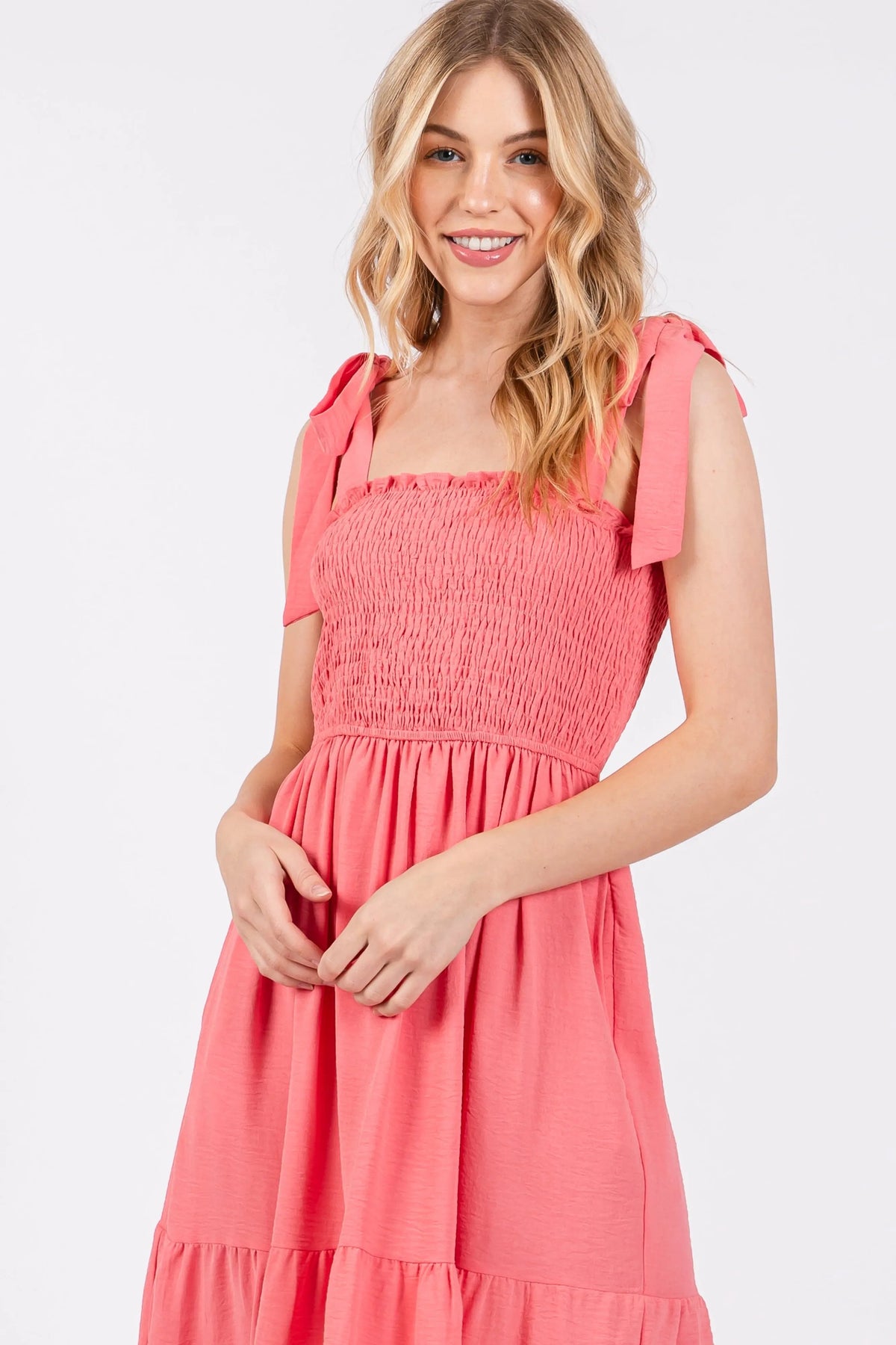 PinkBlush Salmon Smocked Tie Strap Tiered Midi Dress - 