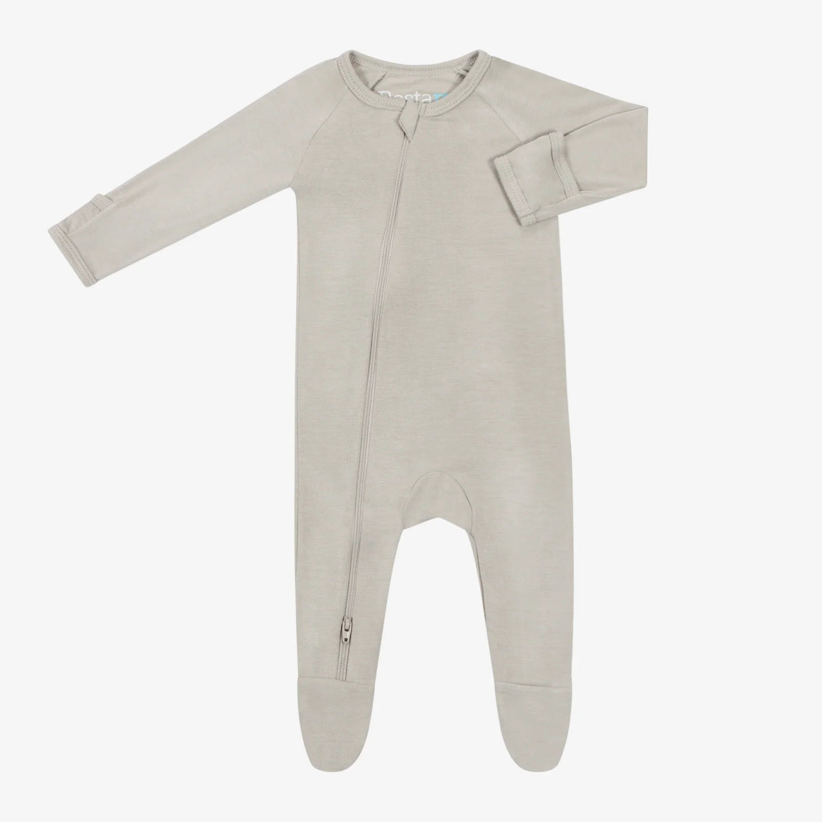 Sand-colored footed sleeper with fold-over mittens and a full-length two-way zipper