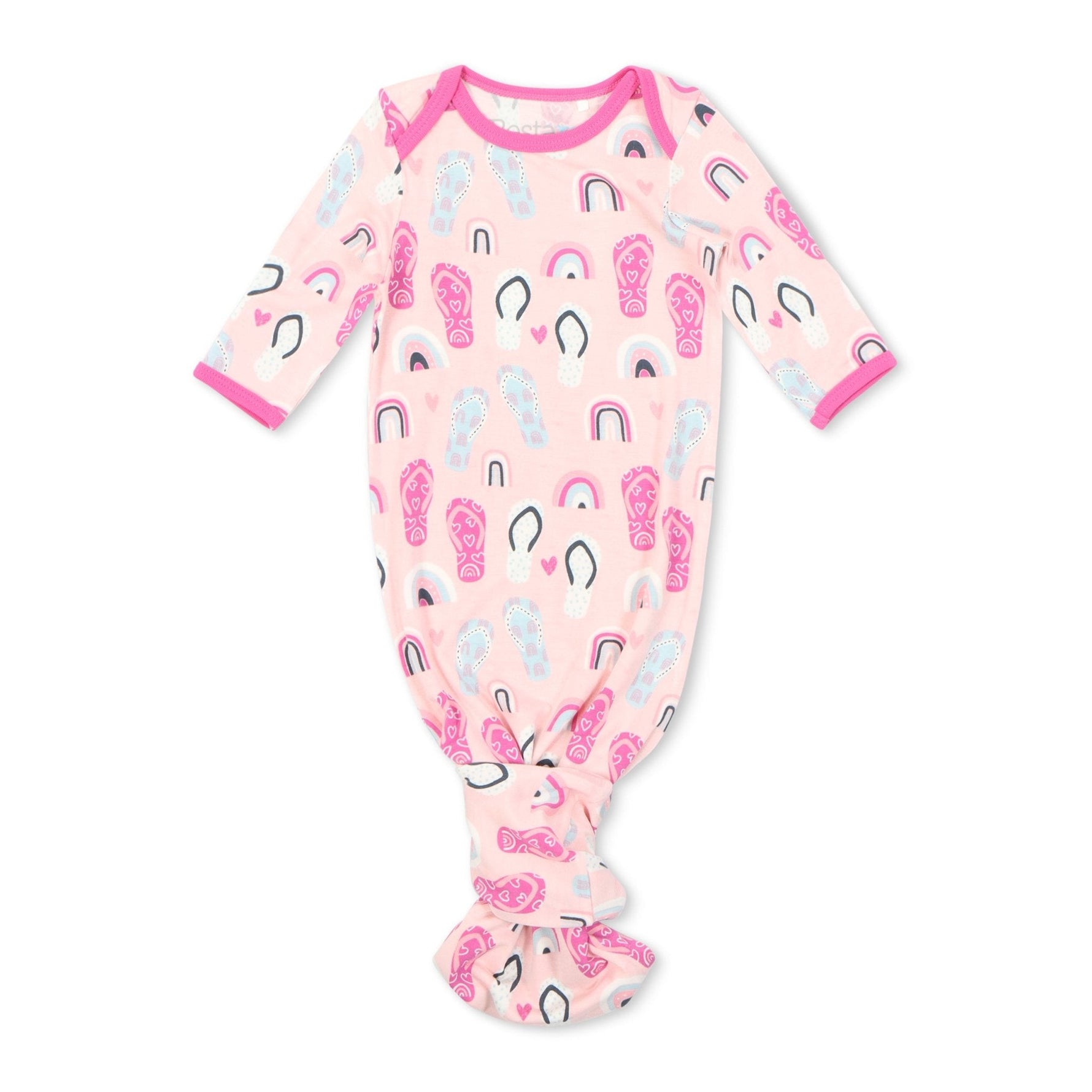 Baby knotted gown with overlap shoulder, tie bottom, and fold-over hand mittens in a sandy beach print.